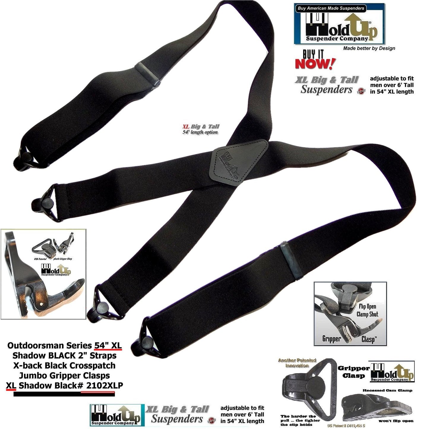 Holdup Brand XL length Shadow Black 2" wide Work Suspenders with black composite plastic Jumbo Black USA Patented Gripper Clasps