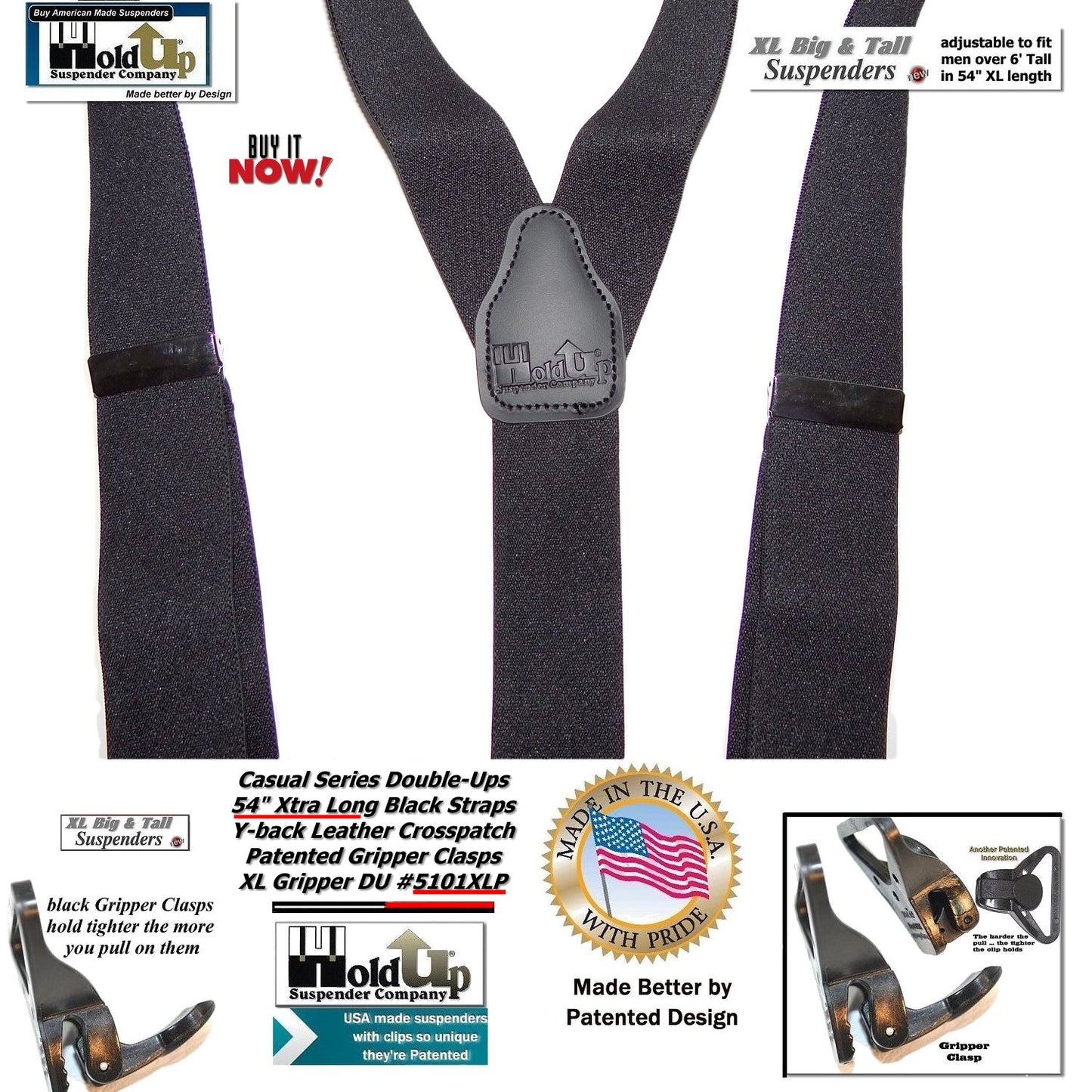 Holdup Black Pack All black XL Double-Up Y-back Suspenders with Patented Gripper Clasps