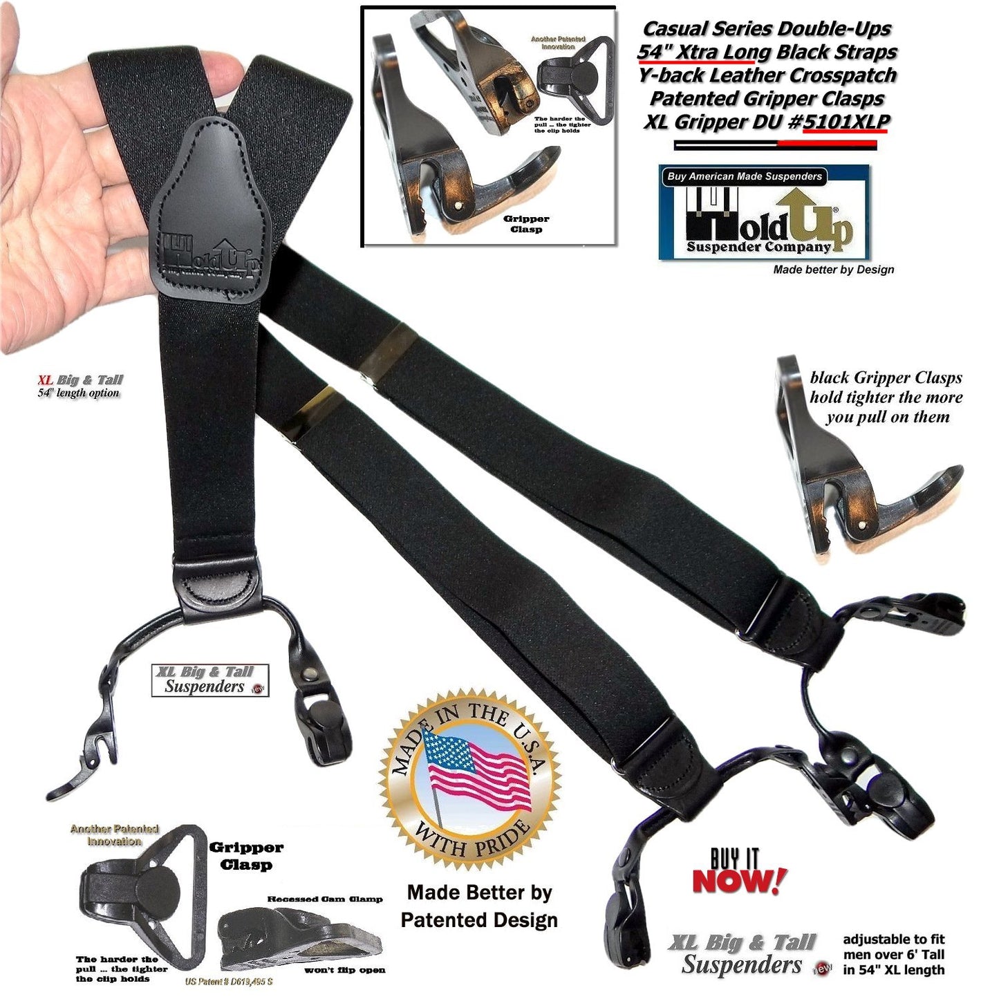 Holdup Black Pack All black XL Double-Up Y-back Suspenders with Patented Gripper Clasps