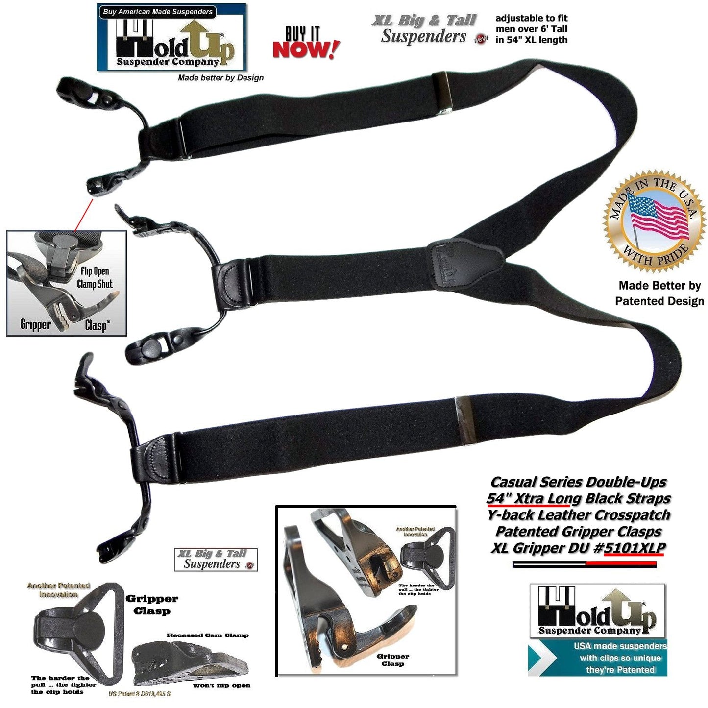 Holdup Black Pack All black XL Double-Up Y-back Suspenders with Patented Gripper Clasps