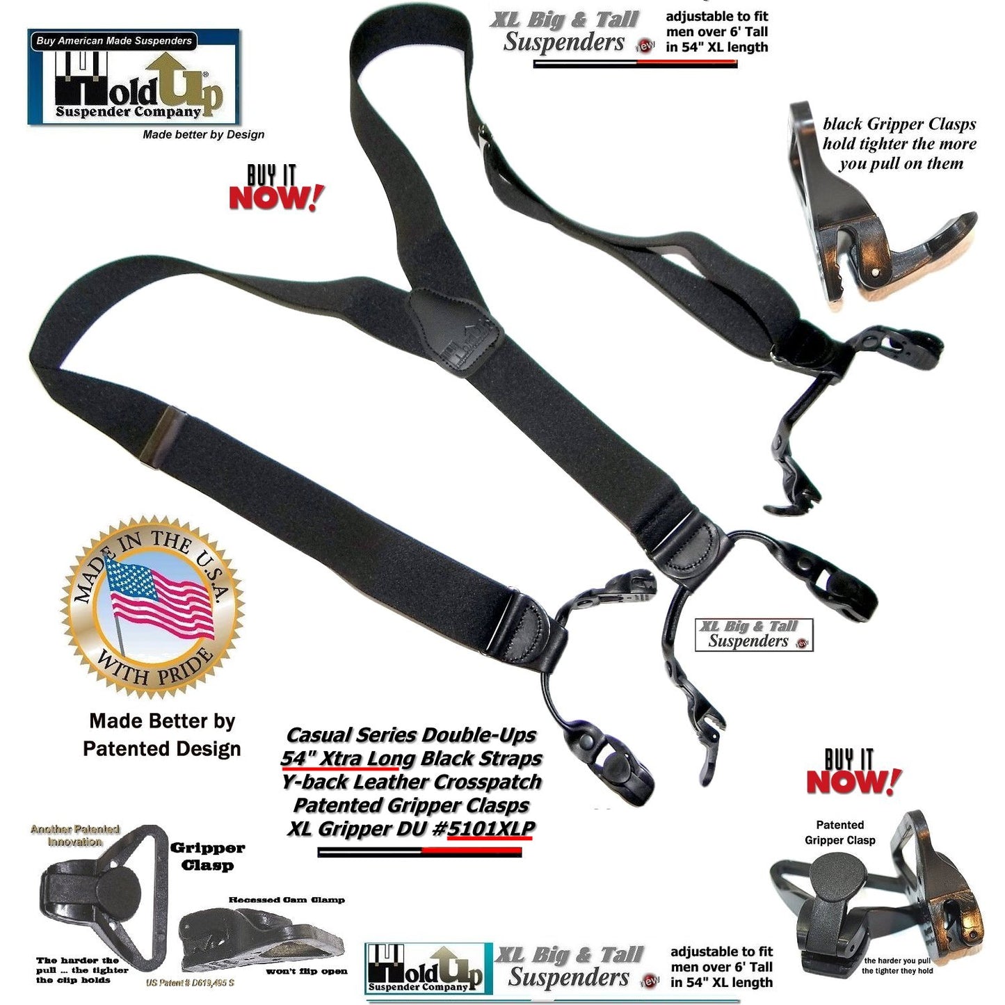 Holdup Black Pack All black XL Double-Up Y-back Suspenders with Patented Gripper Clasps