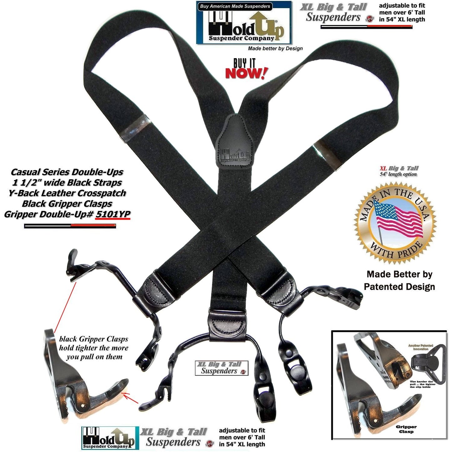 Holdup Black Pack All black XL Double-Up Y-back Suspenders with Patented Gripper Clasps