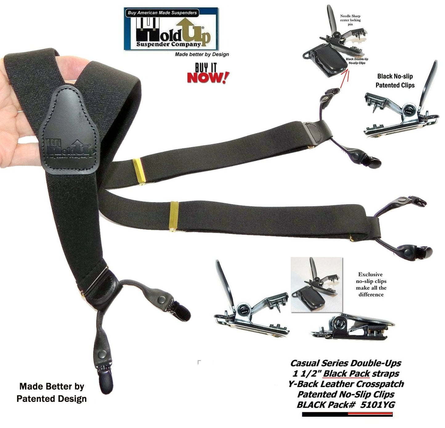 HoldUp Suspender Company's Black Pack Double-Up Style Dressy All black Y-back Suspenders With Patented No-slip clips