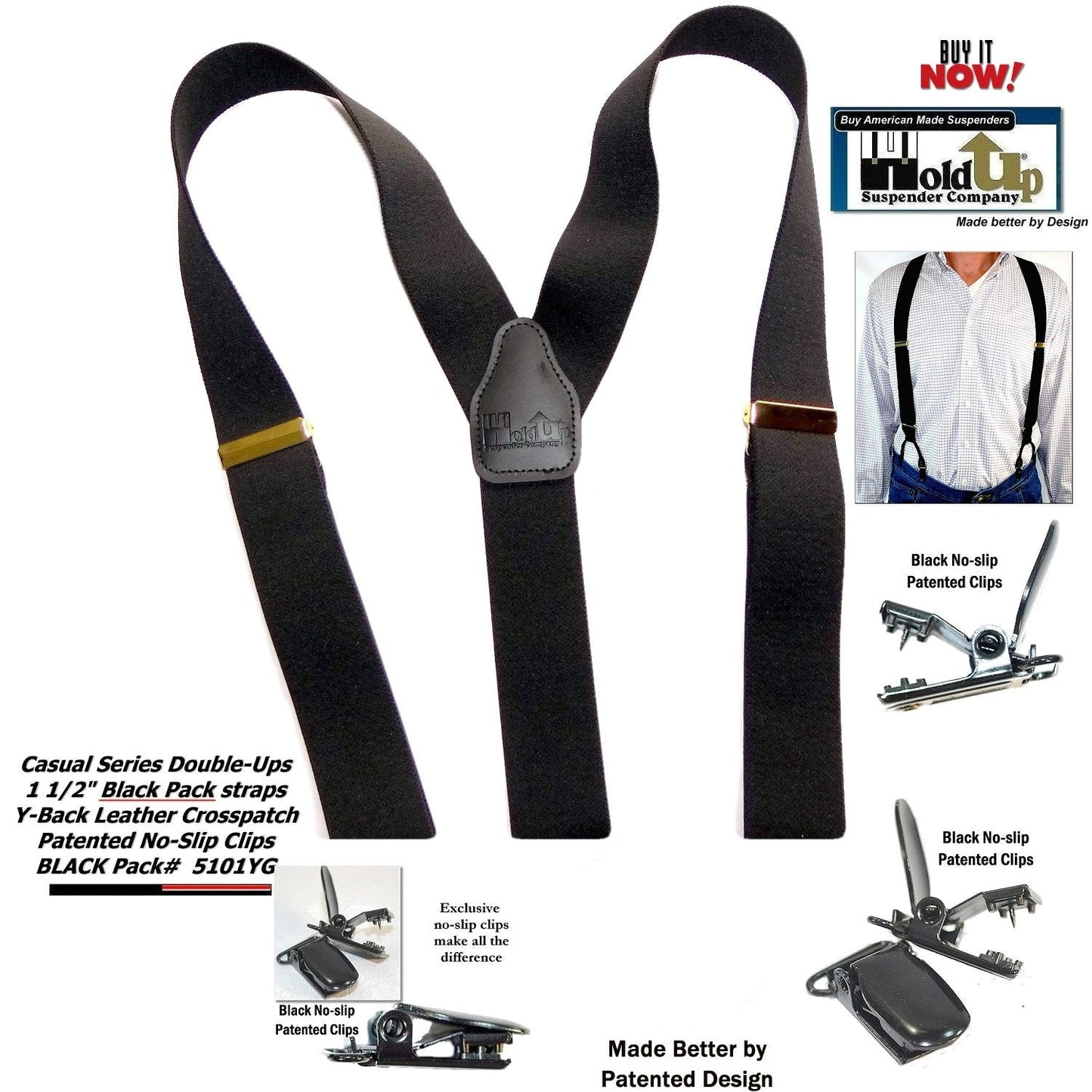 HoldUp Suspender Company's Black Pack Double-Up Style Dressy All black Y-back Suspenders With Patented No-slip clips