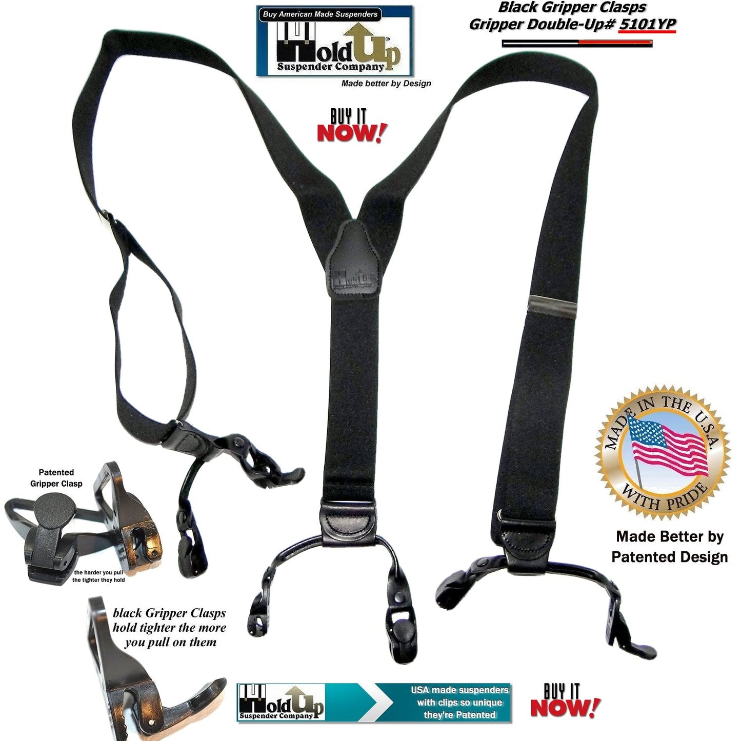 Holdup Brand Black Pack Gripper Clasp Double-Up Y-back Suspenders with Patented Gripper Clasps