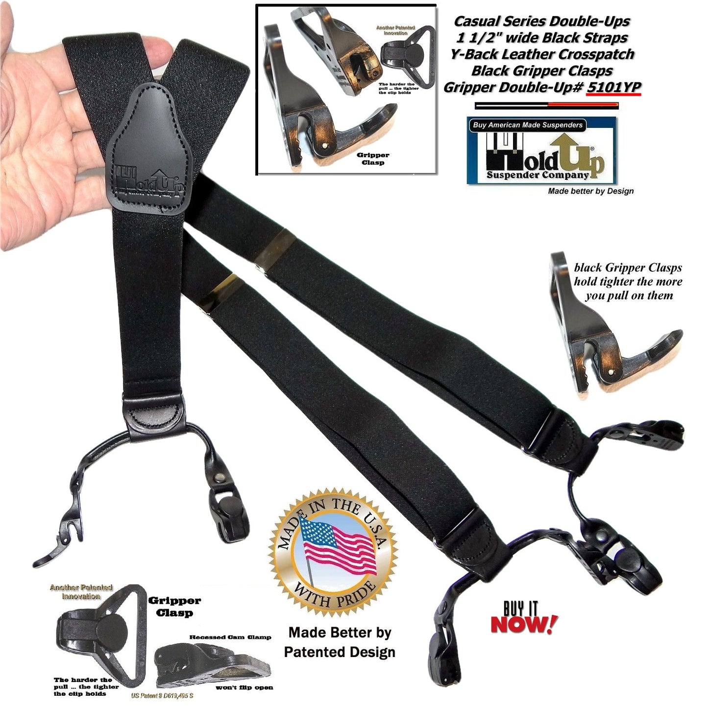 Holdup Brand Black Pack Gripper Clasp Double-Up Y-back Suspenders with Patented Gripper Clasps