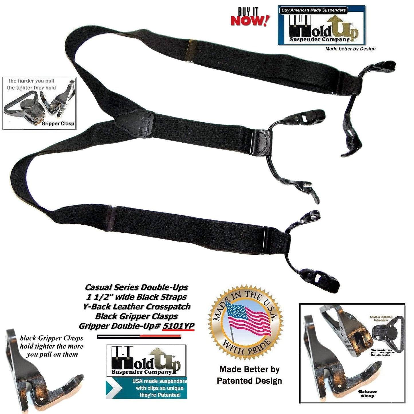 Holdup Brand Black Pack Gripper Clasp Double-Up Y-back Suspenders with Patented Gripper Clasps