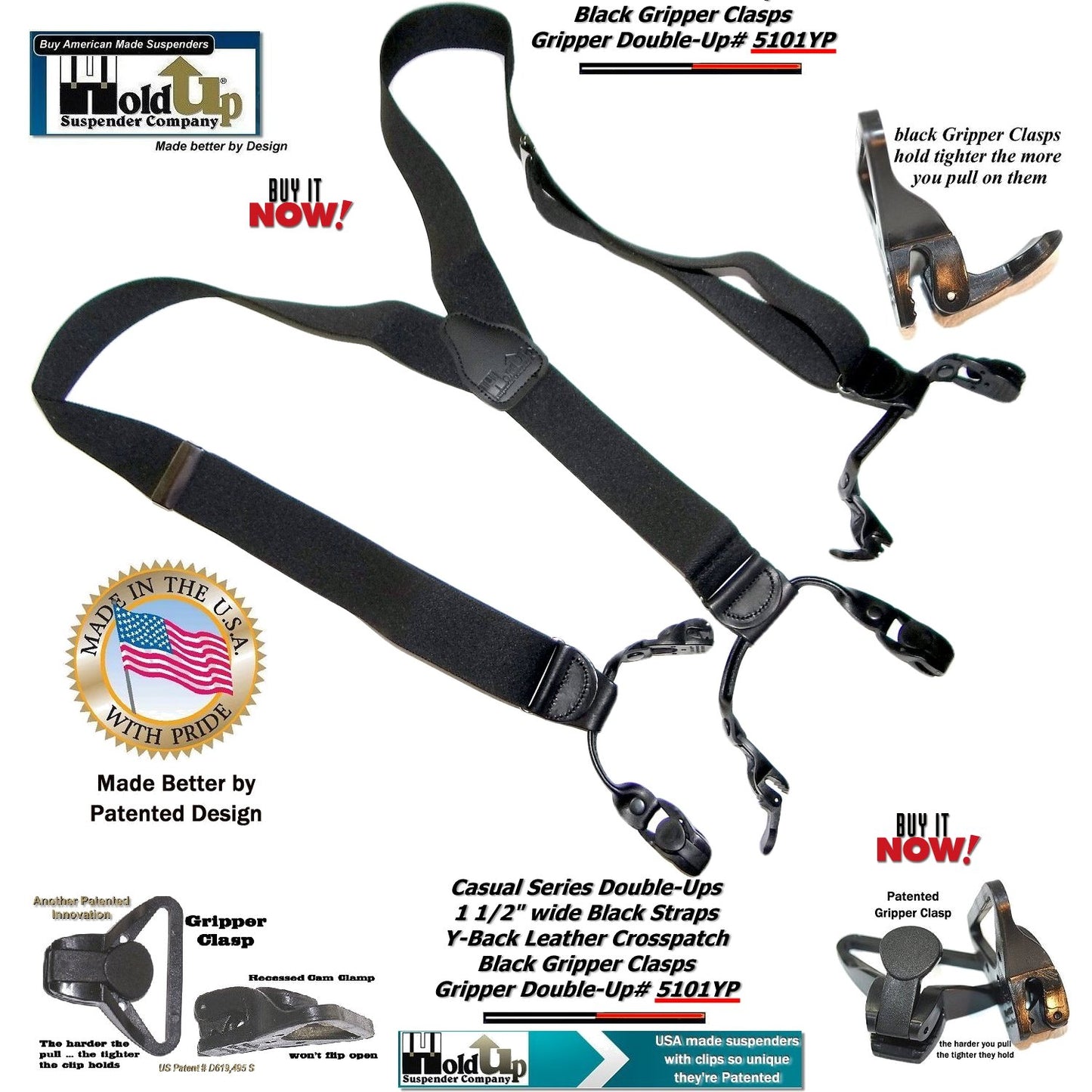 Holdup Brand Black Pack Gripper Clasp Double-Up Y-back Suspenders with Patented Gripper Clasps