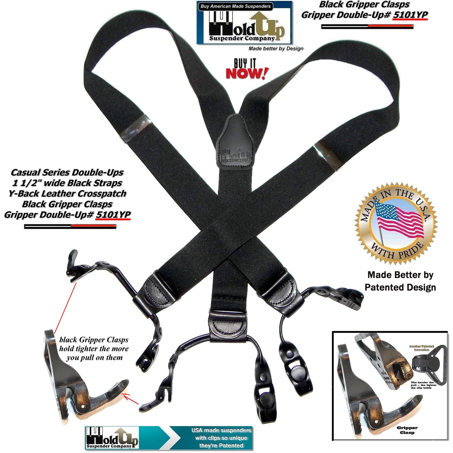 Holdup Brand Black Pack Gripper Clasp Double-Up Y-back Suspenders with Patented Gripper Clasps