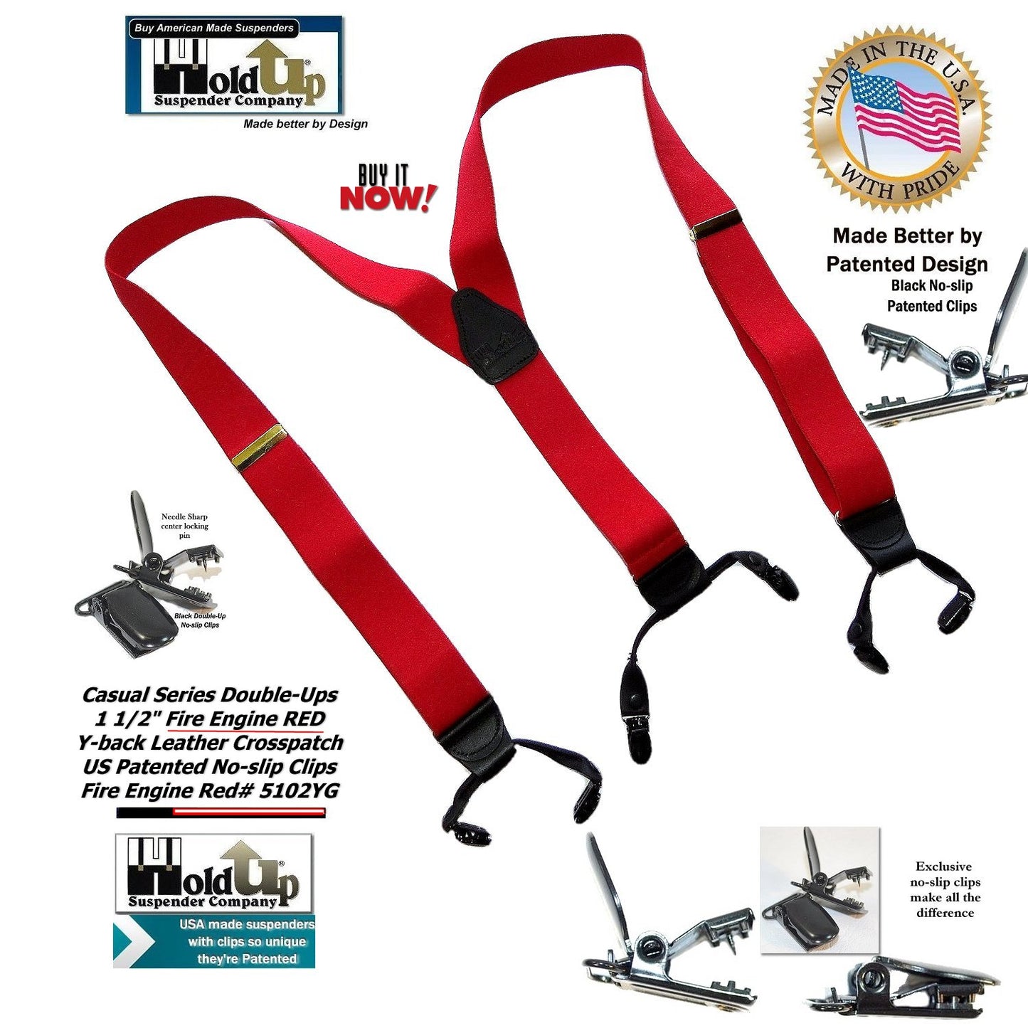 Holdup Brand Bright Fire Engine Red Dual Clip Pant Y-back Suspenders With Patented No-Slip Black Clips