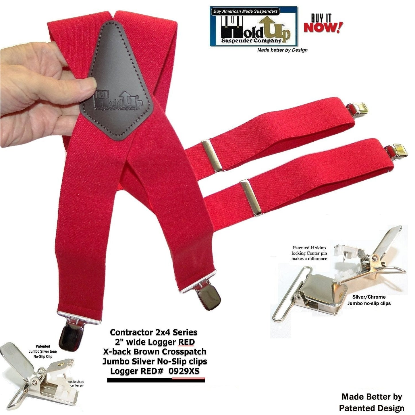 Heavy Duty Logger RED 2" Wide Holdup X-back Suspenders with USA Patented Jumbo Silver-tone No-Slip Clips