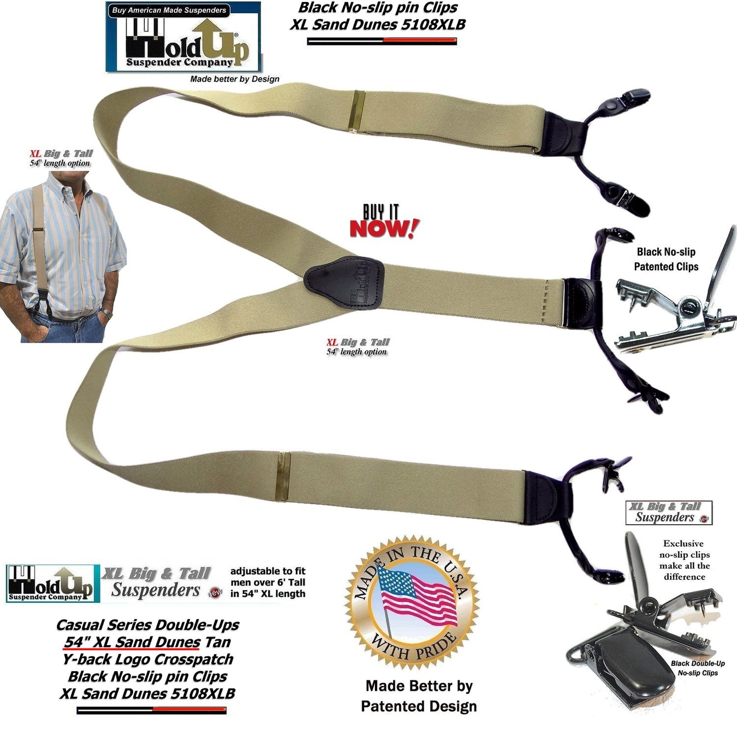 Sand Dunes Tan XL 54" Big & Tall Holdup Double-Up Style Suspenders with dual Patented black no-slip clips