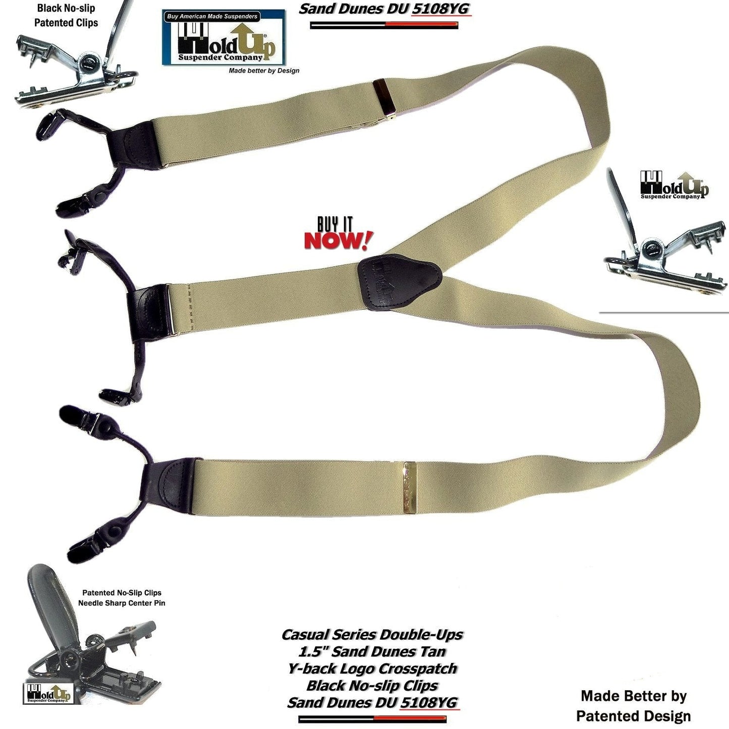 Holdup Light Tan Sand Dunes Color Double-Up Style Suspenders With Black USA Patented No-slip Clips