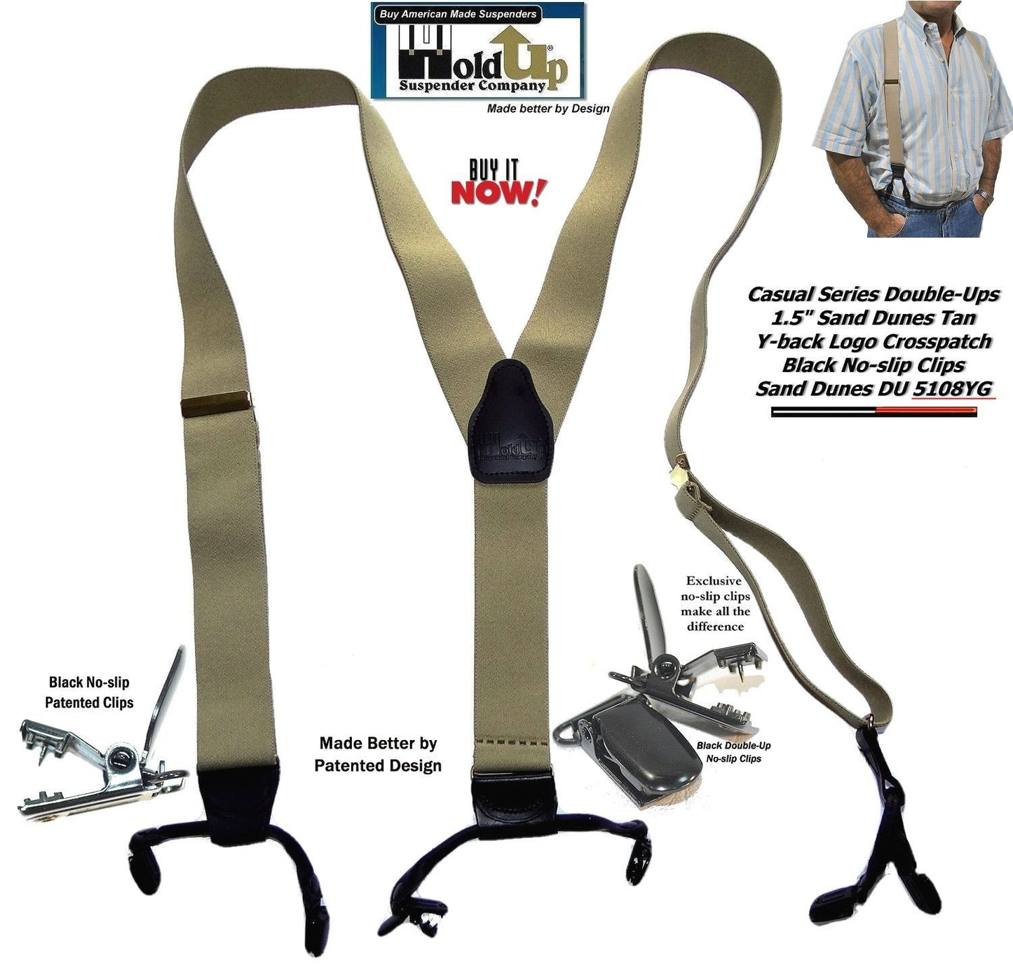 Holdup Light Tan Sand Dunes Color Double-Up Style Suspenders With Black USA Patented No-slip Clips