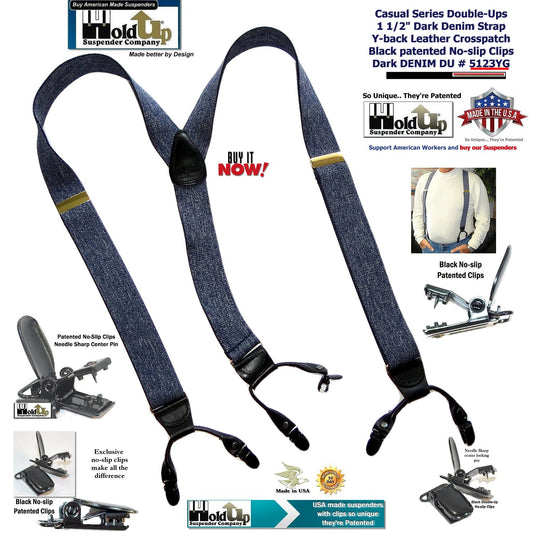 Holdup Brand Dark Blue Denim color Dual Clip Double-Ups style Dressy Suspenders with Patented No-slip clips