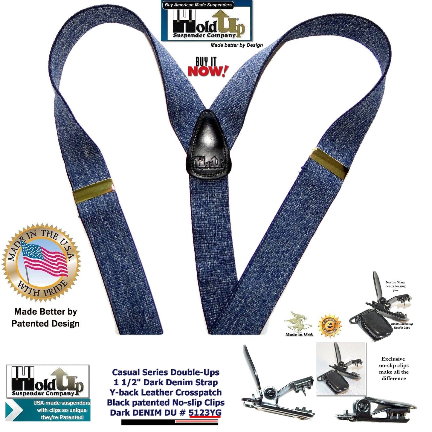 Holdup Brand Dark Blue Denim color Dual Clip Double-Ups style Dressy Suspenders with Patented No-slip clips