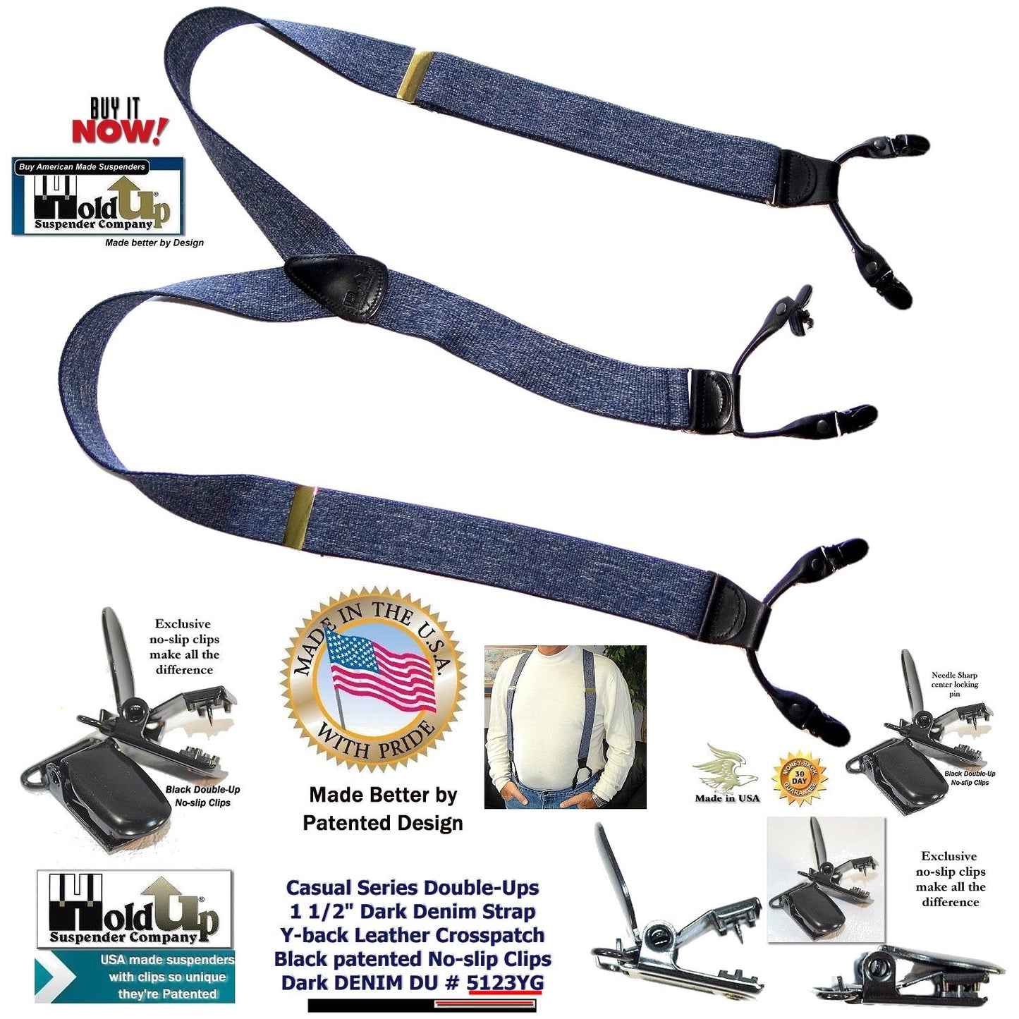 Holdup Brand Dark Blue Denim color Dual Clip Double-Ups style Dressy Suspenders with Patented No-slip clips