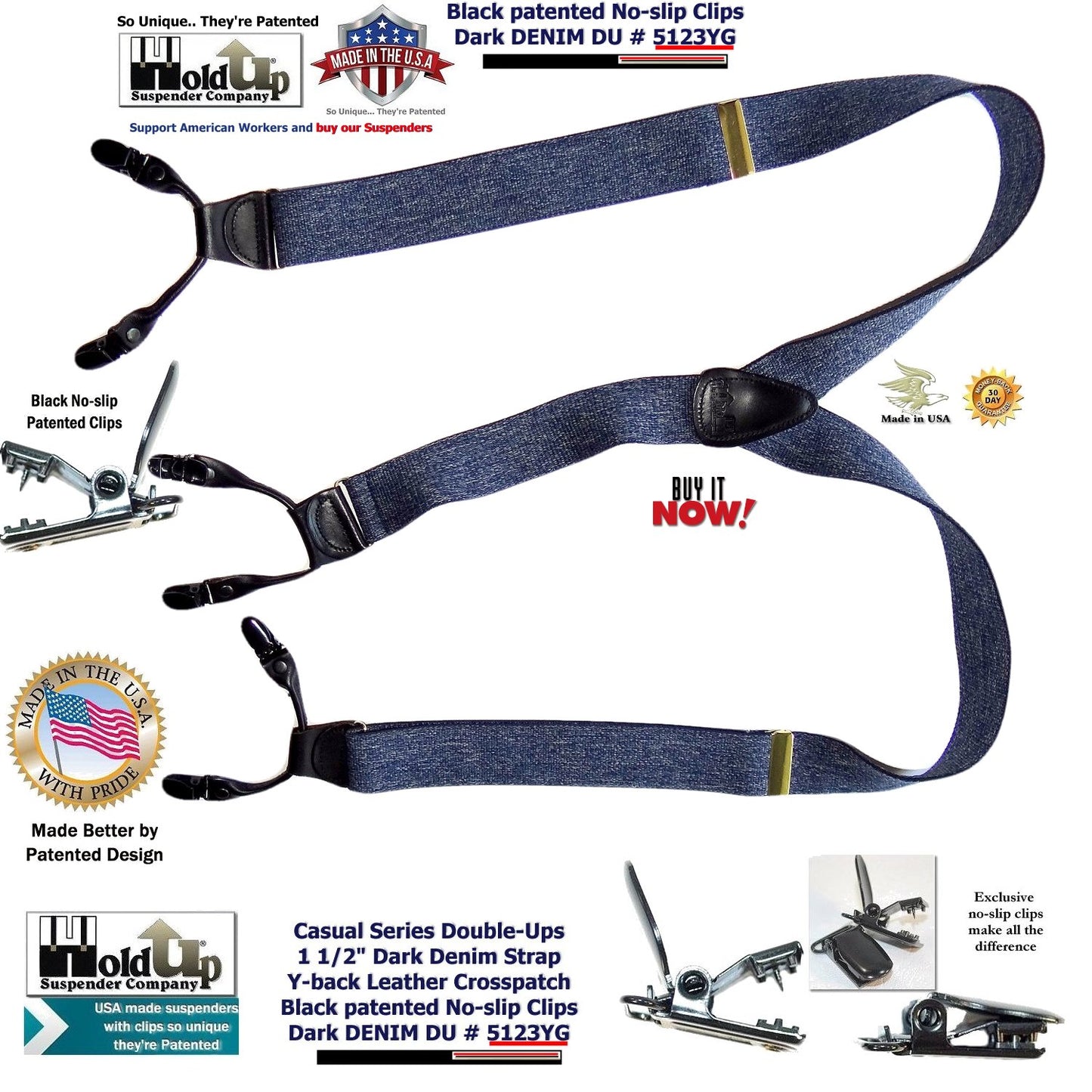 Holdup Brand Dark Blue Denim color Dual Clip Double-Ups style Dressy Suspenders with Patented No-slip clips