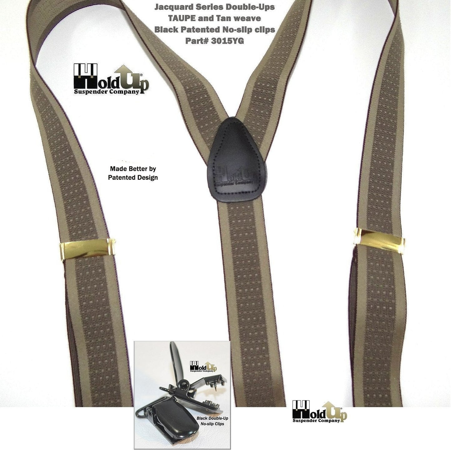 Hold-Up Brand Tan and Taupe Jacquard Double-ups Y-back Suspenders with USA Patented Black No-slip Clips