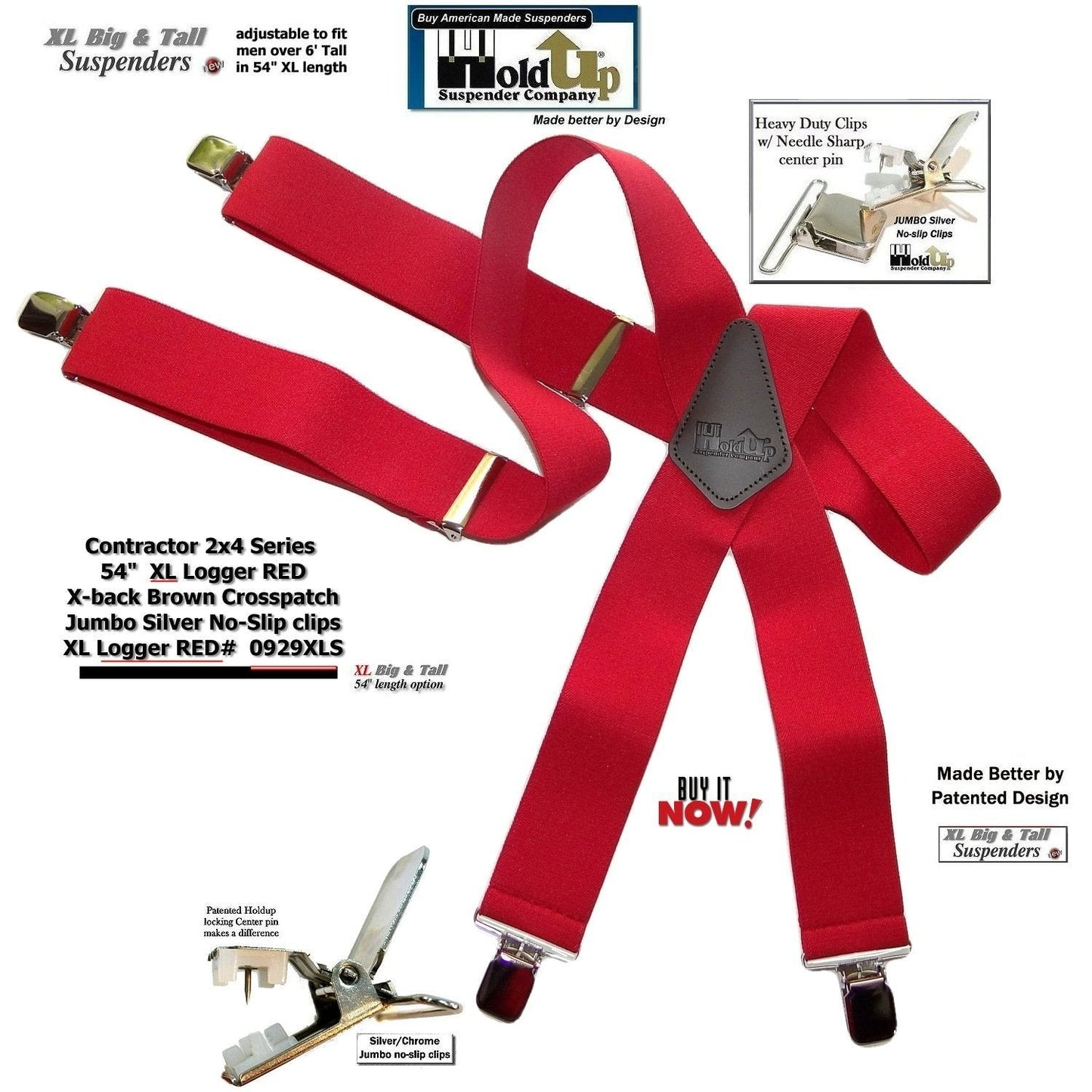 Hold-Ups XL Logger Red Suspenders 2" wide X-back with Patented No-slip Nickel metal clips