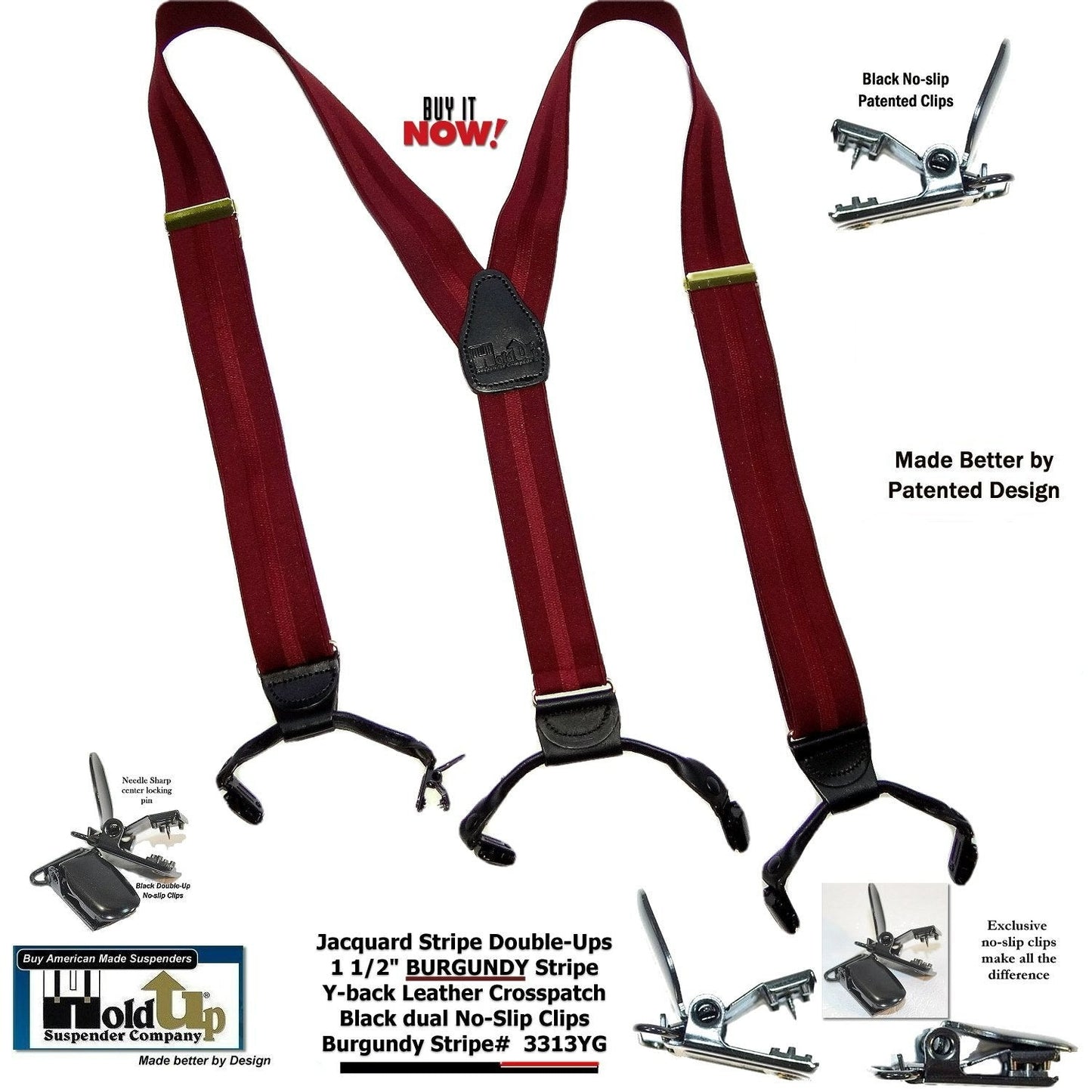 Holdup Brand Rich Burgundy on Burgundy Jacquard Weave Striped Double-up Style Y-back suspenders with USA Patented No-slip clips