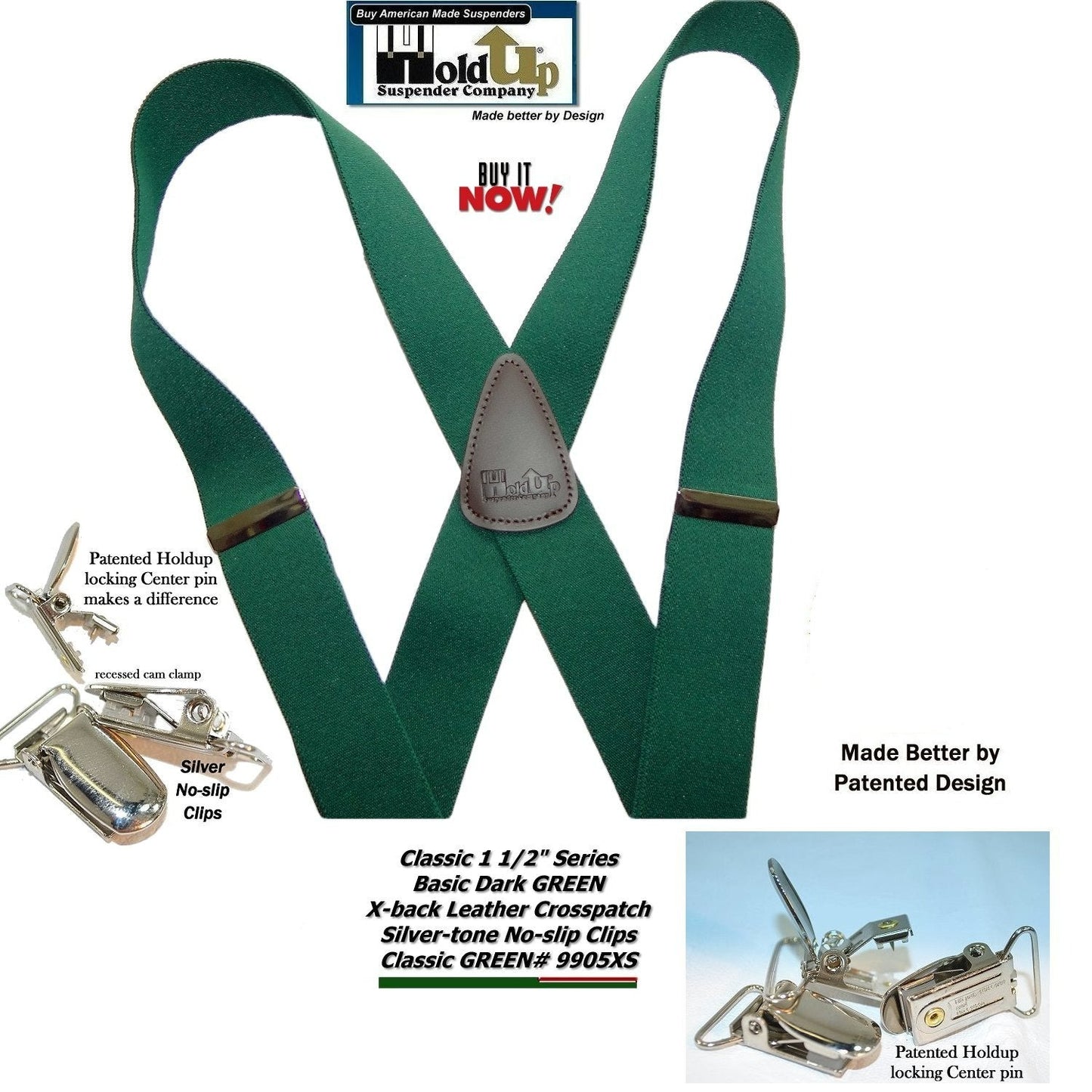 Hold-Ups 1 1/2" Wide Classic Dark Green X-back Suspenders with USA Patented Silver No-slip Clips