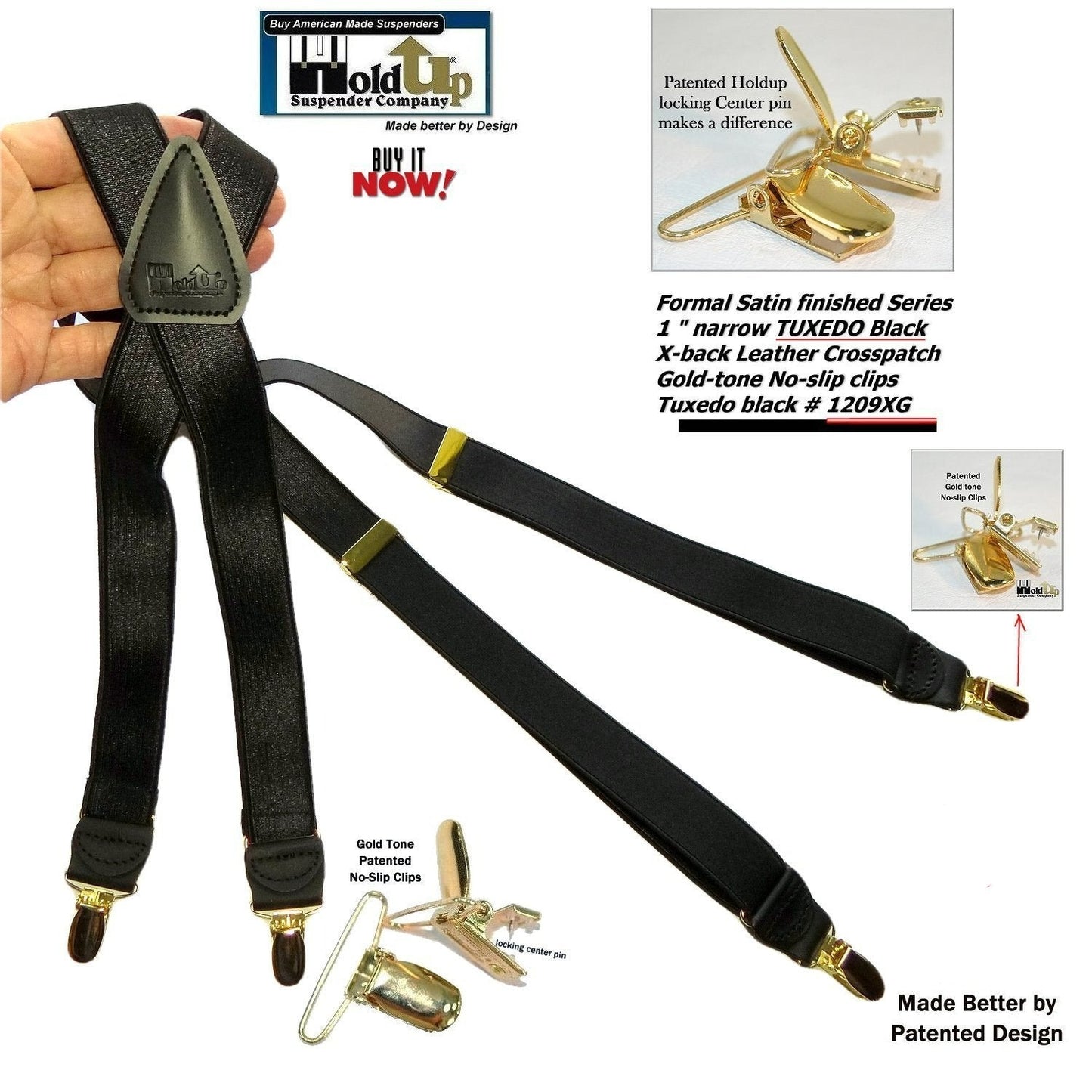 Holdup Brand Tuxedo Black 1" wide Satin Finish X-back Style Suspenders with USA Patented No-slip Gold clips