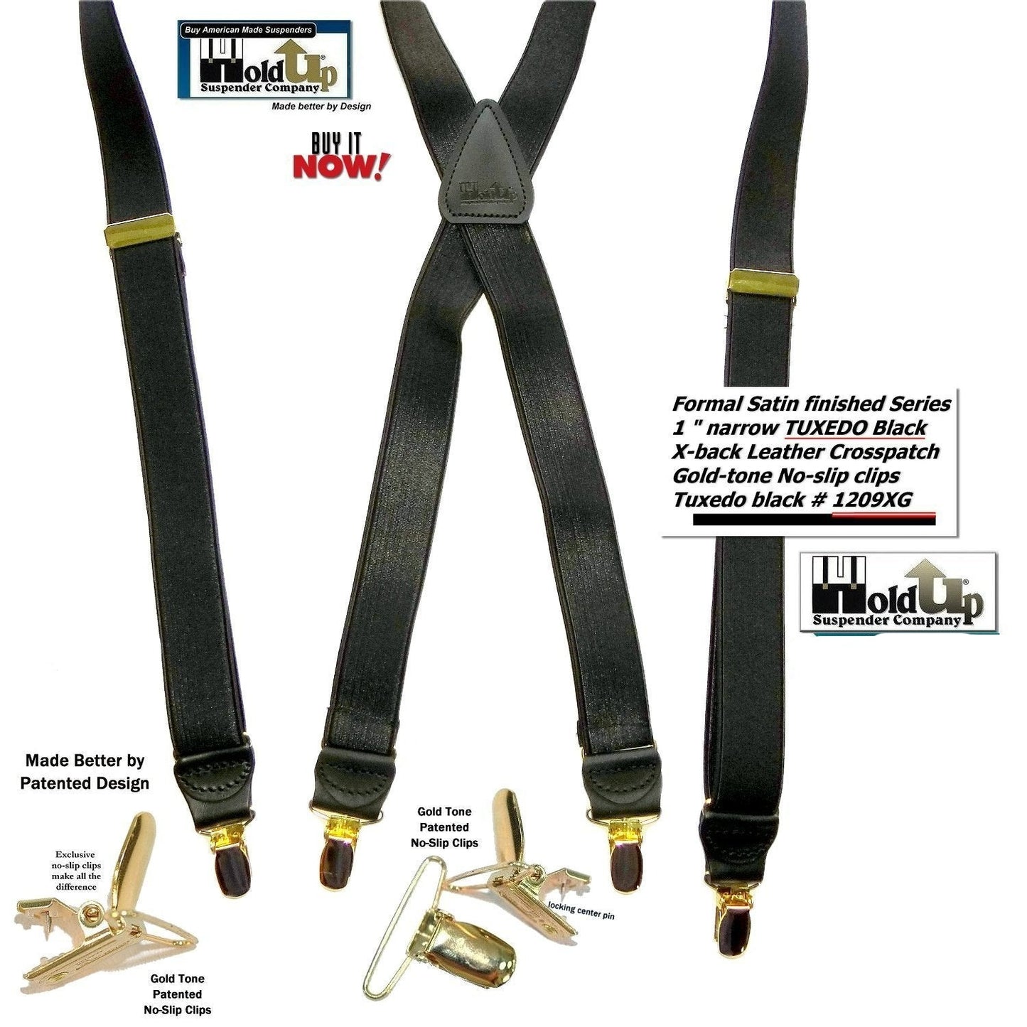 Holdup Brand Tuxedo Black 1" wide Satin Finish X-back Style Suspenders with USA Patented No-slip Gold clips