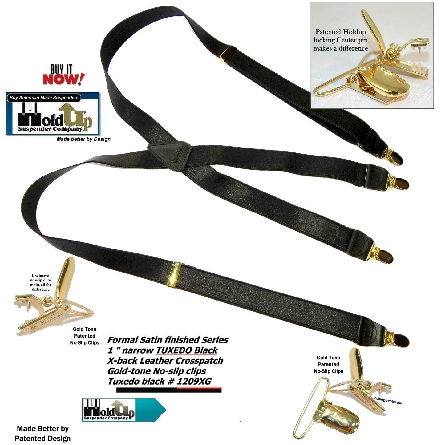 Holdup Brand Tuxedo Black 1" wide Satin Finish X-back Style Suspenders with USA Patented No-slip Gold clips