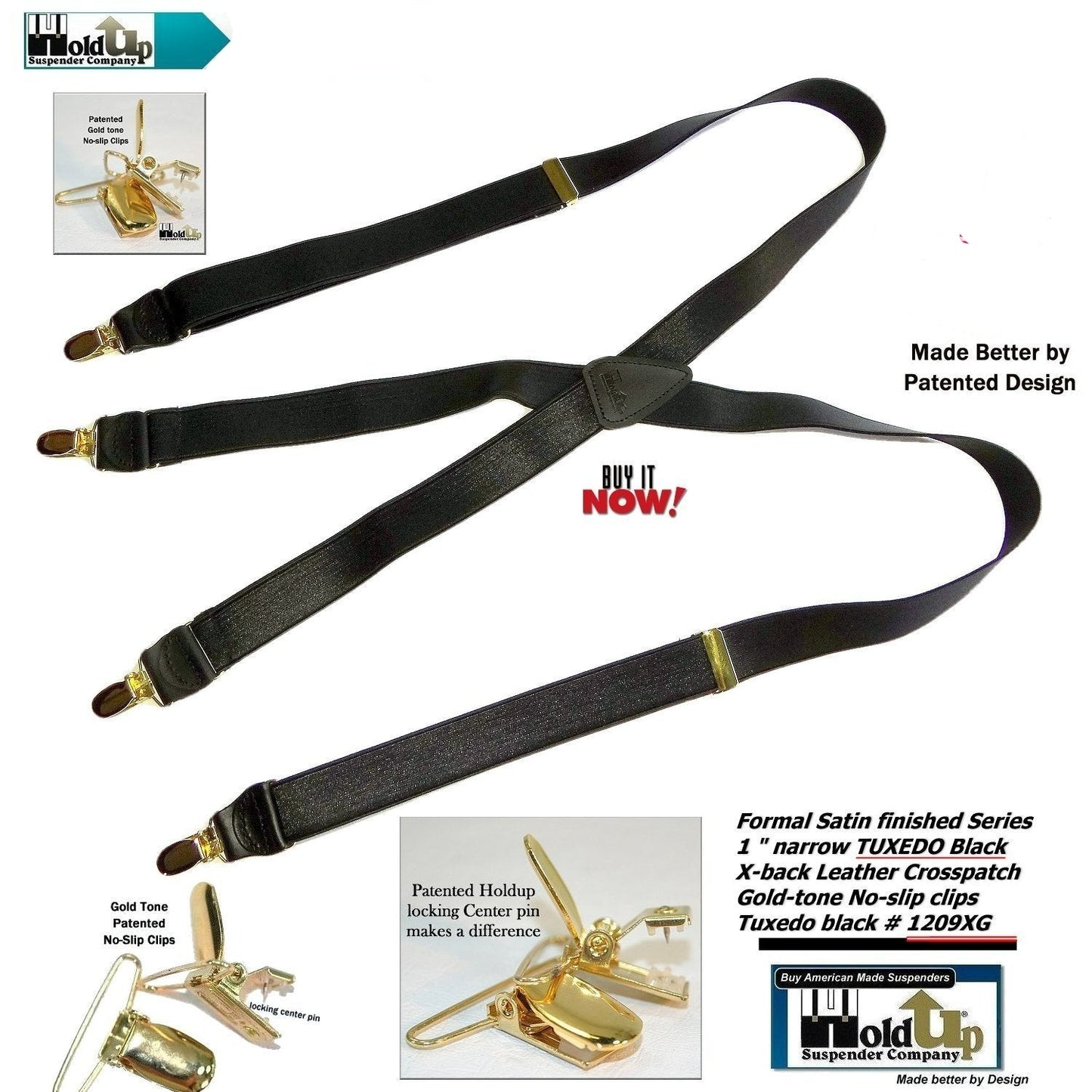 Holdup Brand Tuxedo Black 1" wide Satin Finish X-back Style Suspenders with USA Patented No-slip Gold clips