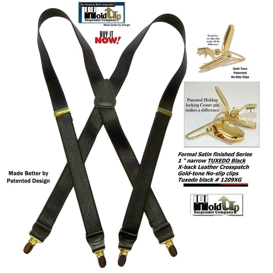 Holdup Brand Tuxedo Black 1" wide Satin Finish X-back Style Suspenders with USA Patented No-slip Gold clips