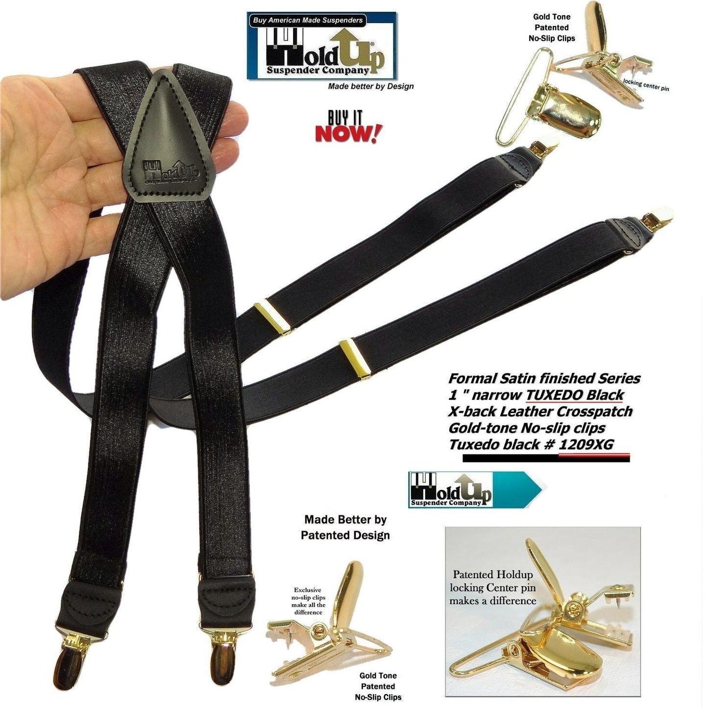 Holdup Brand Tuxedo Black 1" wide Satin Finish X-back Style Suspenders with USA Patented No-slip Gold clips