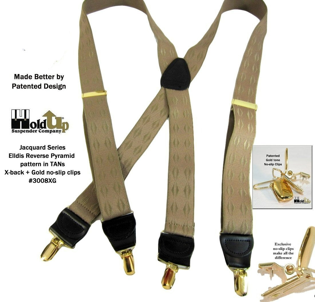 Jacquard Series Elddis diamond Pattern Tan X-back Holdup Suspenders with USA Patented No-slip Gold-tone Clips