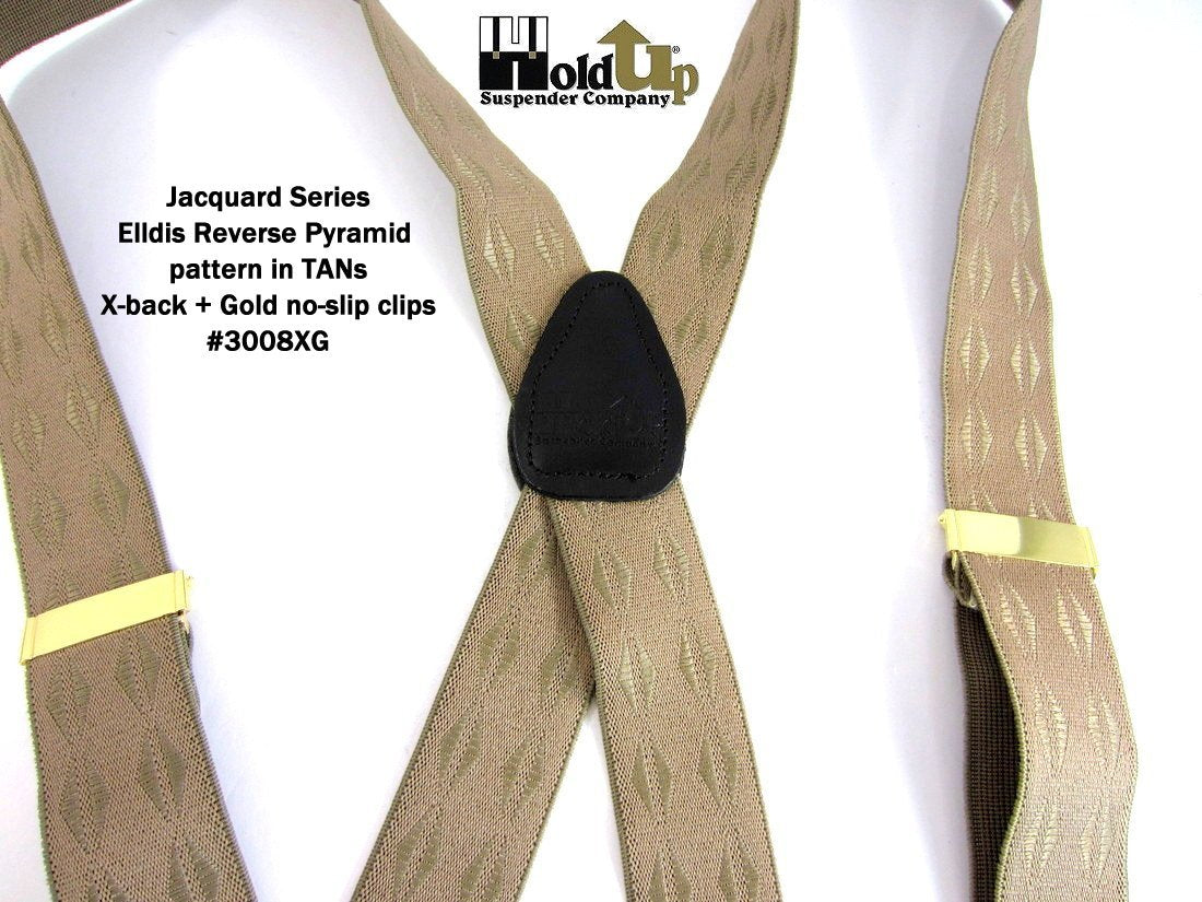 Jacquard Series Elddis diamond Pattern Tan X-back Holdup Suspenders with USA Patented No-slip Gold-tone Clips