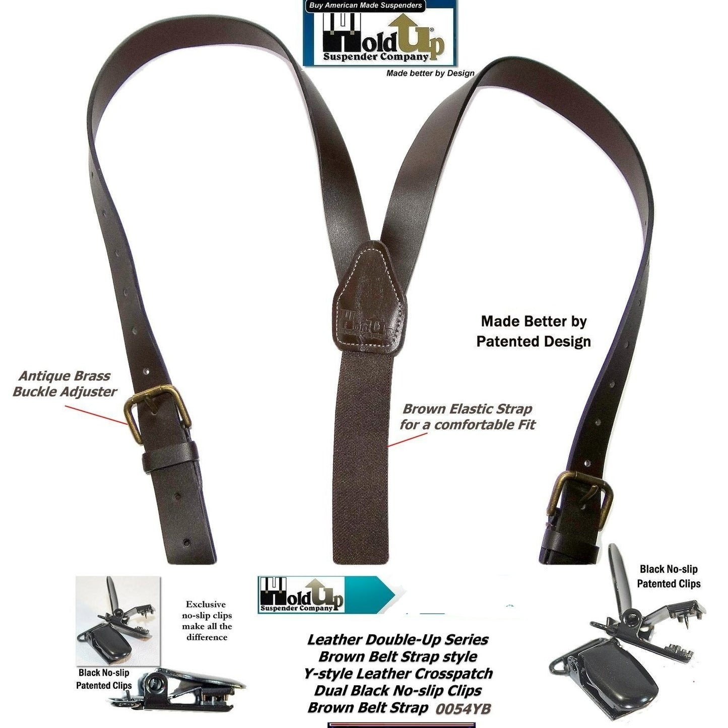 Hold-Ups Brown Bonded Leather 1" Belt Strap Men's Suspenders with USA Patented No-slip Clips