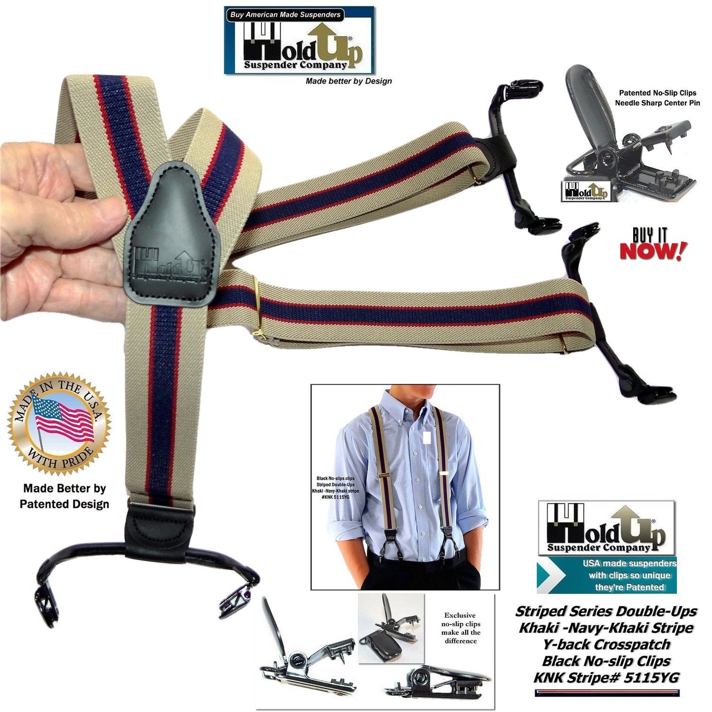 Hold-Up Brand Khaki Tan and Navy stripe pattern suspenders with 1 1/2" wide straps in Double-Up Style and patented No-slip Clips