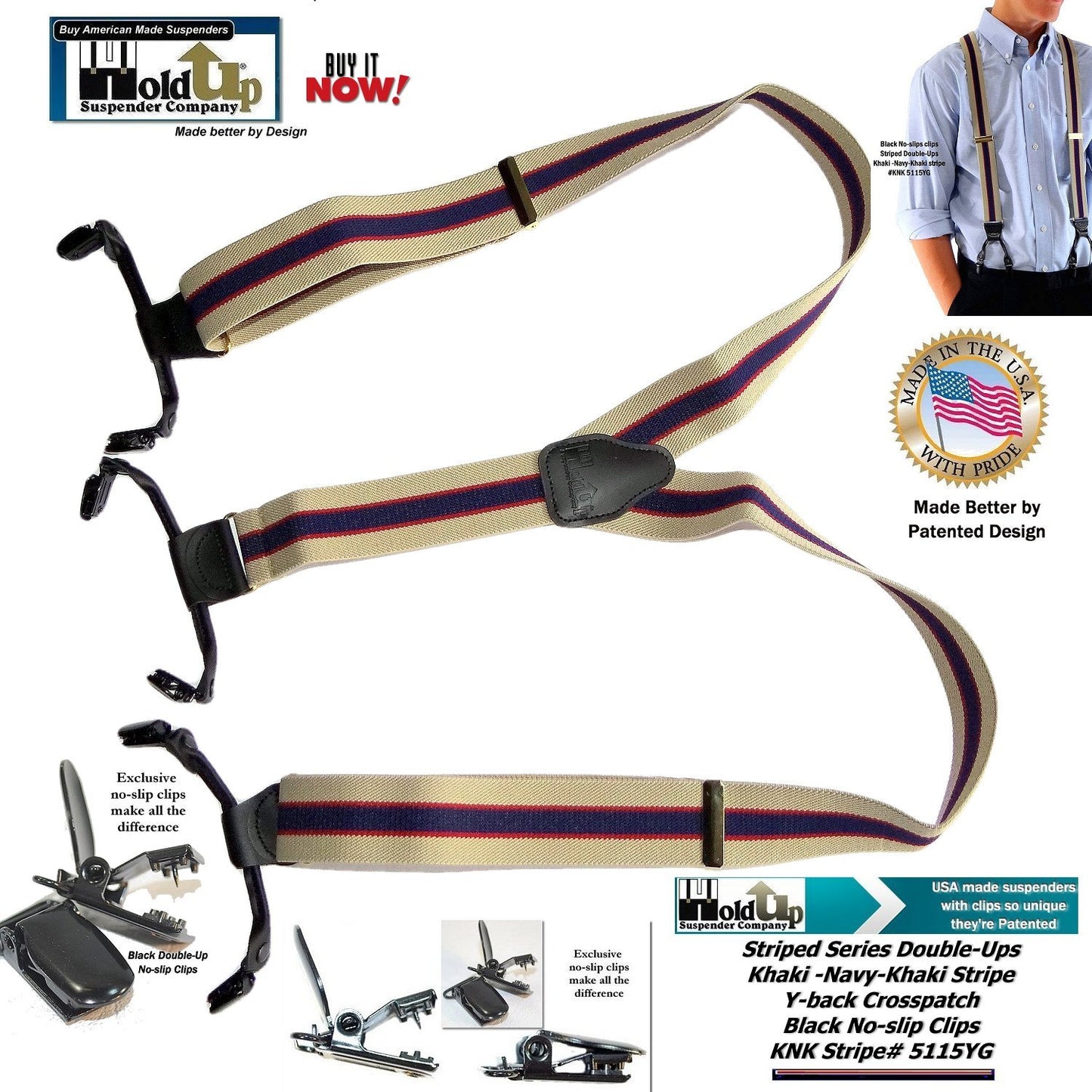 Hold-Up Brand Khaki Tan and Navy stripe pattern suspenders with 1 1/2" wide straps in Double-Up Style and patented No-slip Clips