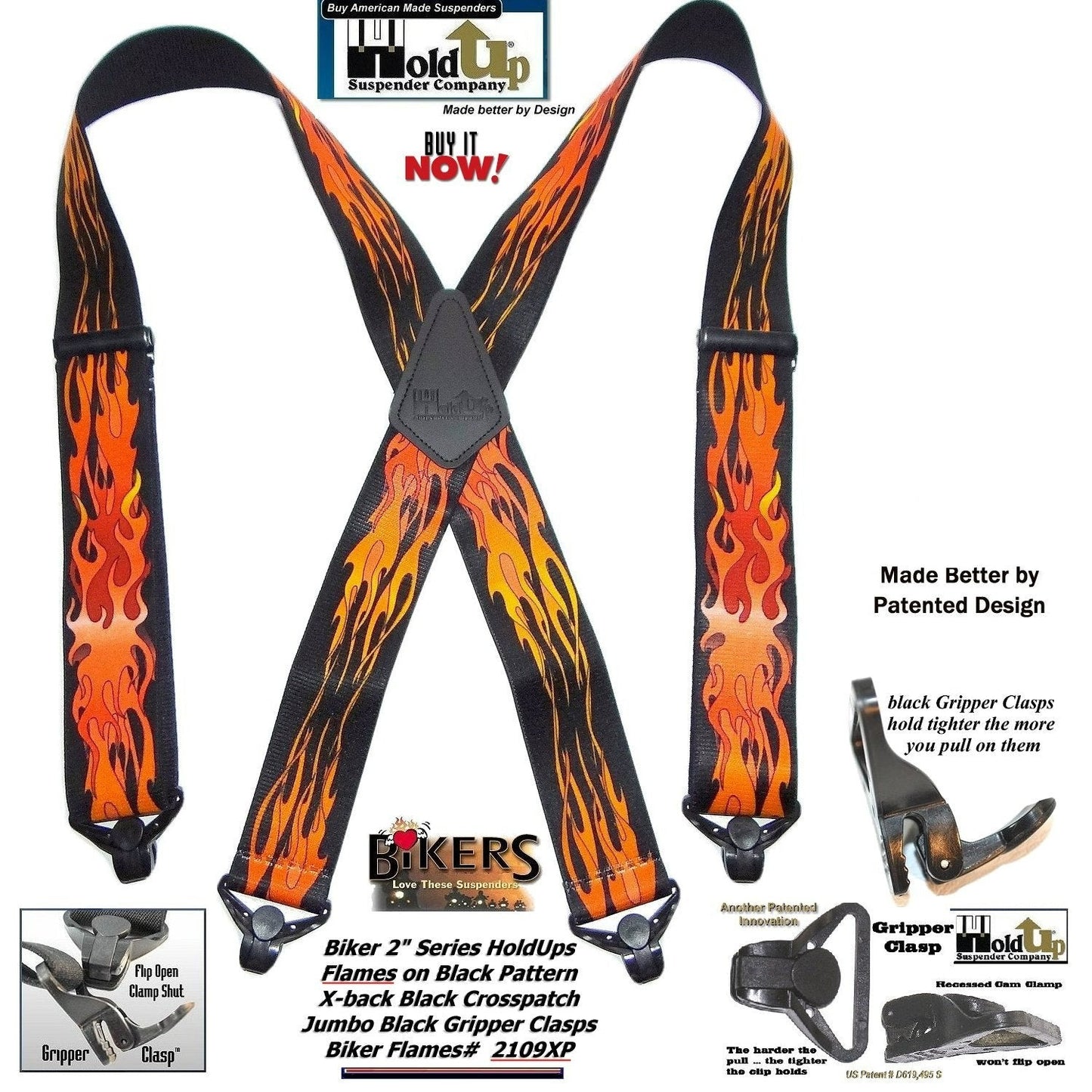 Holdup Brand Flame Pattern Heavy Duty Biker X-back Suspenders with Jumbo Gripper Clasps