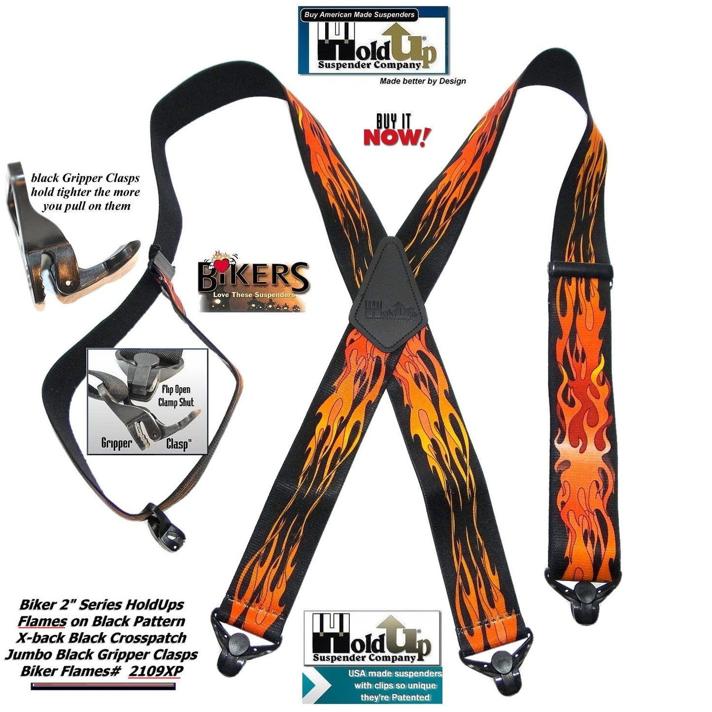 Holdup Brand Flame Pattern Heavy Duty Biker X-back Suspenders with Jumbo Gripper Clasps