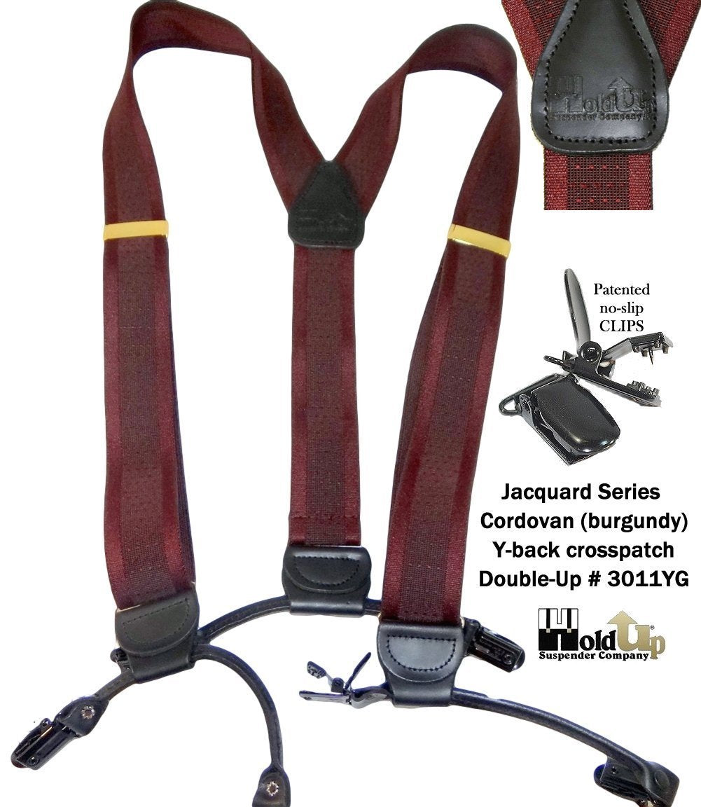 Burgundy Cordovan Dual-clip Men's Holdup Suspenders with Tone-on-tone Jacquard weave with patented no-slip clips