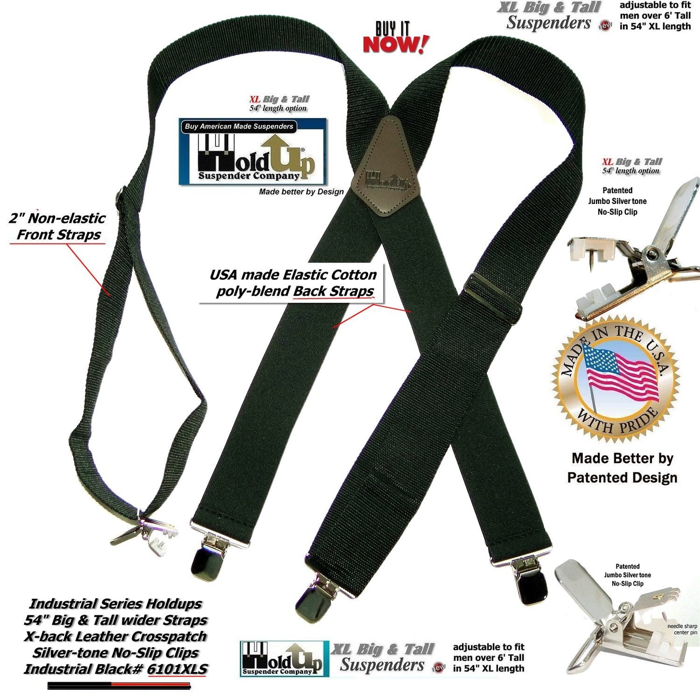 Holdup XL Black Industrial Series Non-elastic Suspenders with No-slip Jumbo Silver Clips