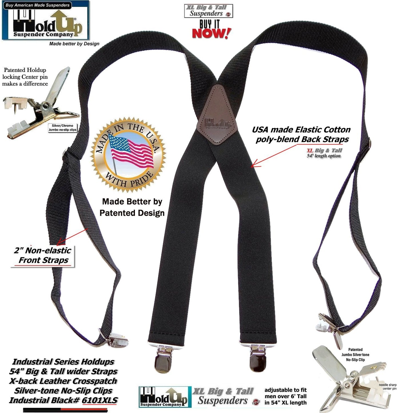 Holdup XL Black Industrial Series Non-elastic Suspenders with No-slip Jumbo Silver Clips