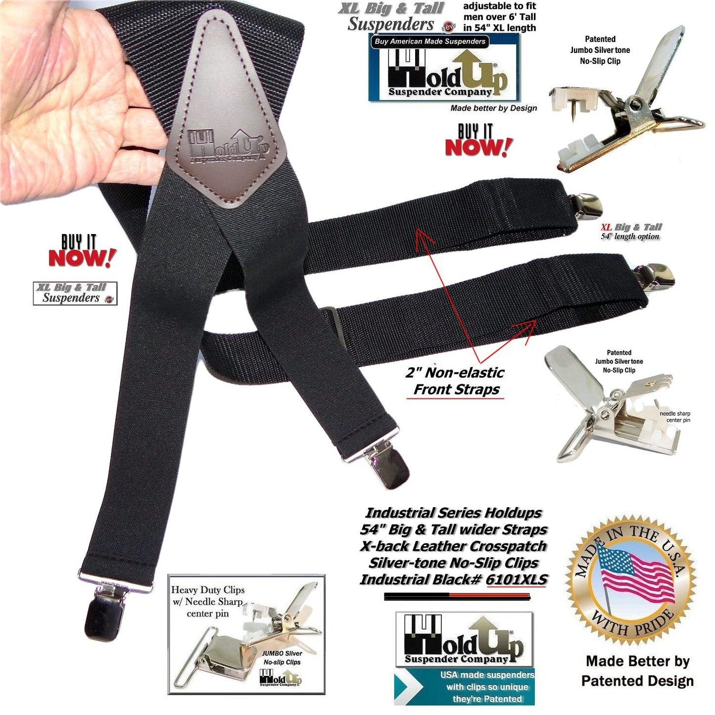 Holdup XL Black Industrial Series Non-elastic Suspenders with No-slip Jumbo Silver Clips