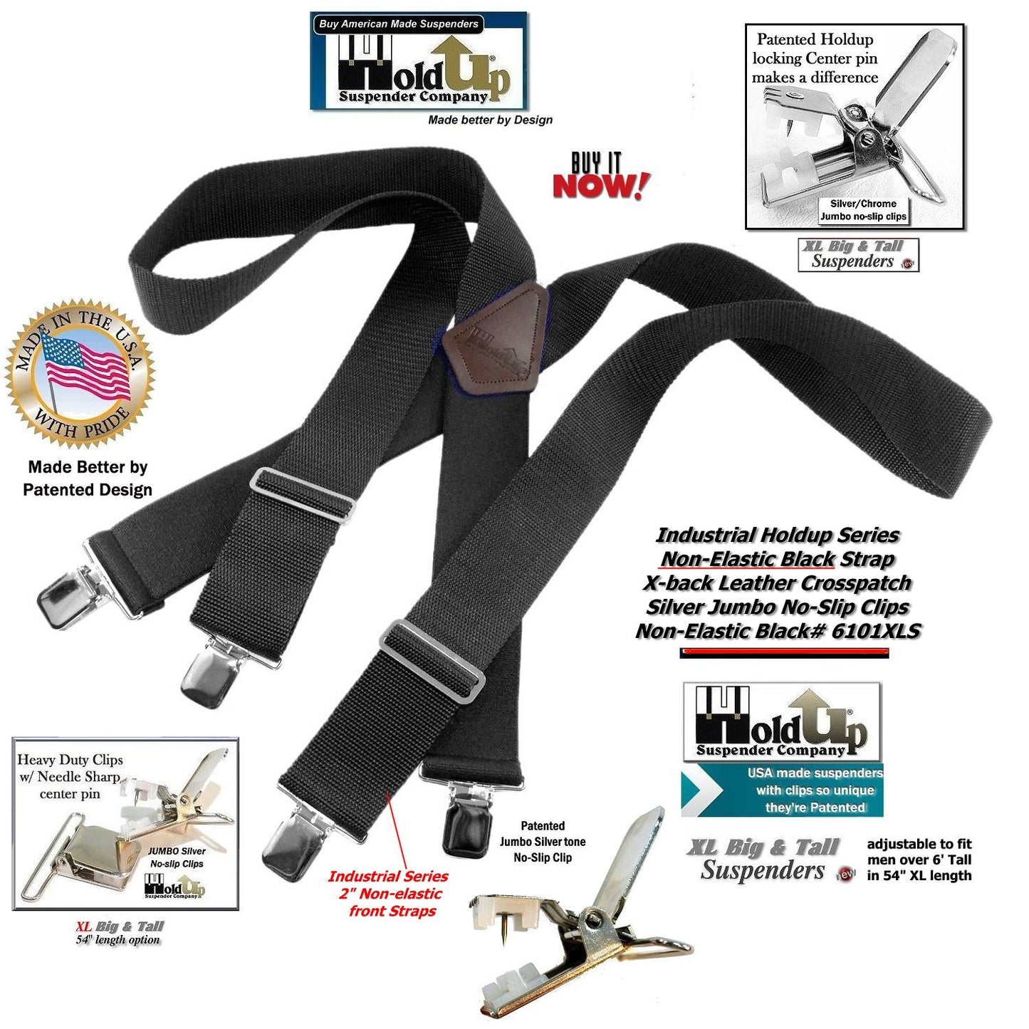 Holdup XL Black Industrial Series Non-elastic Suspenders with No-slip Jumbo Silver Clips