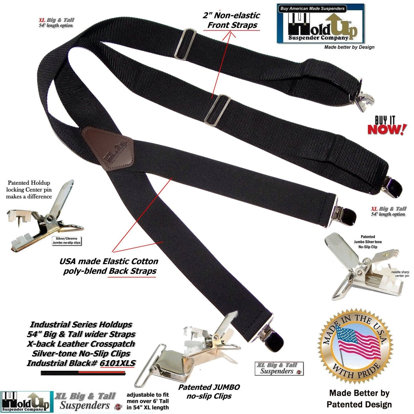 Holdup XL Black Industrial Series Non-elastic Suspenders with No-slip Jumbo Silver Clips