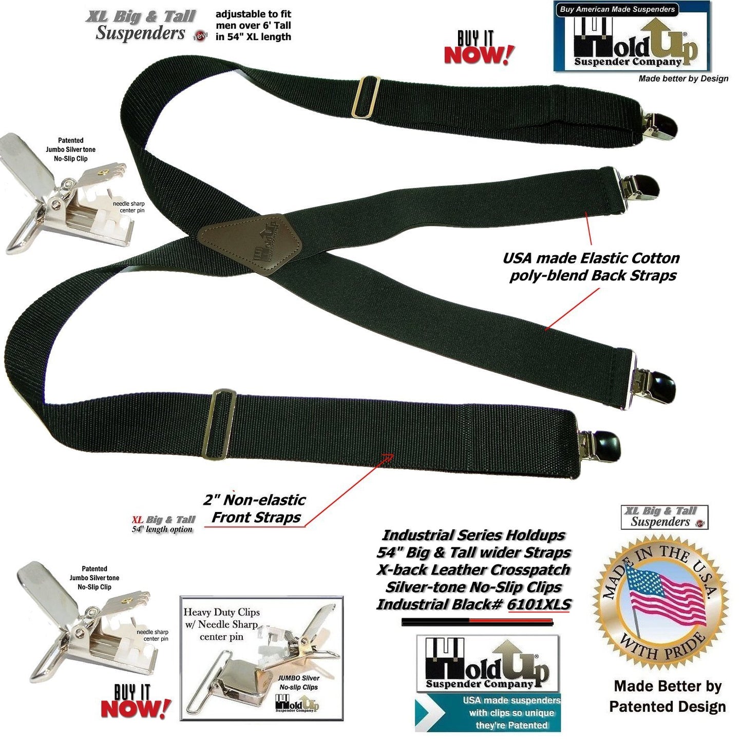 Holdup XL Black Industrial Series Non-elastic Suspenders with No-slip Jumbo Silver Clips