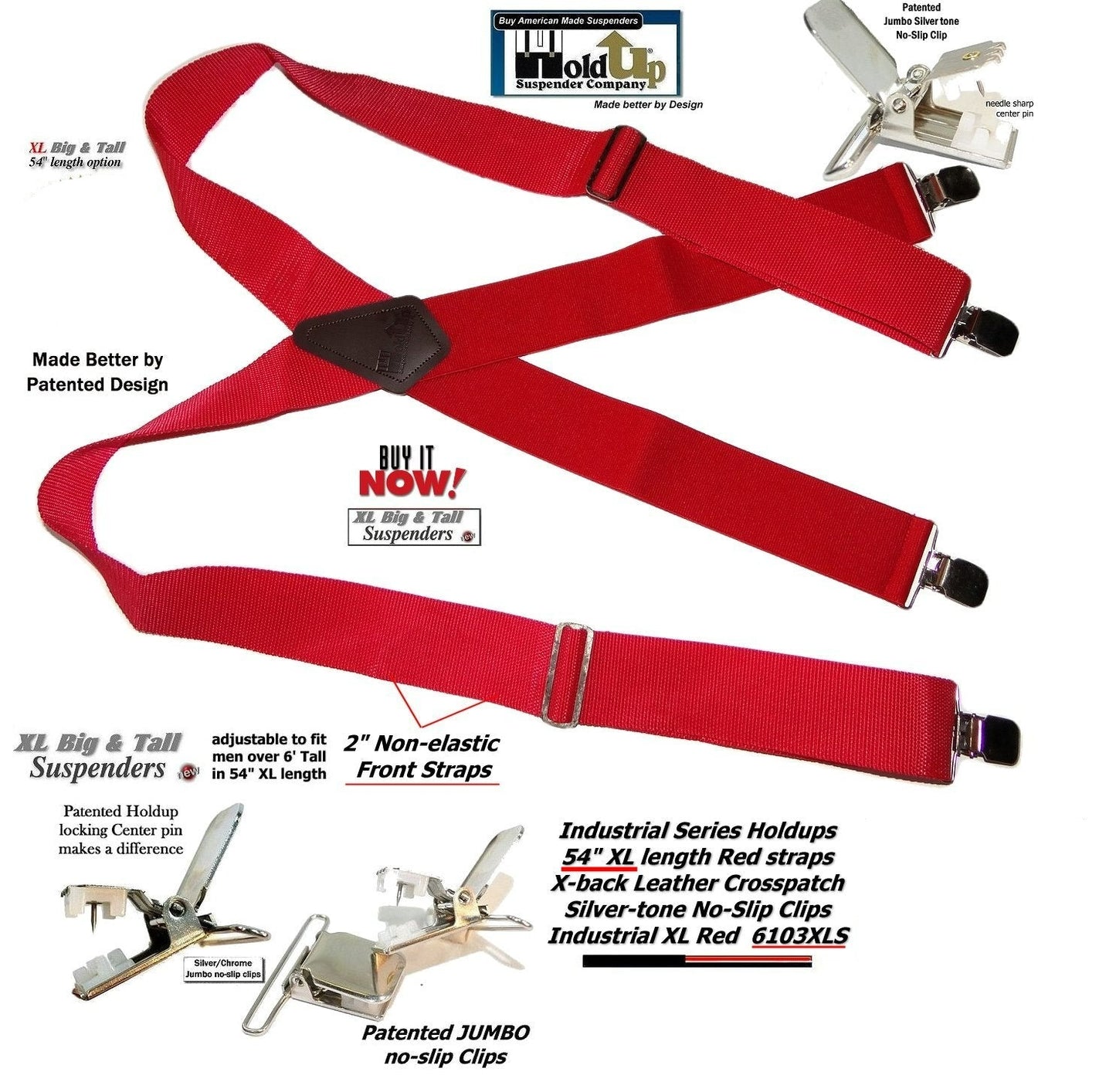 RED Industrial Series Heavy Duty X-back Suspenders with No-slip Jumbo Silver Clips