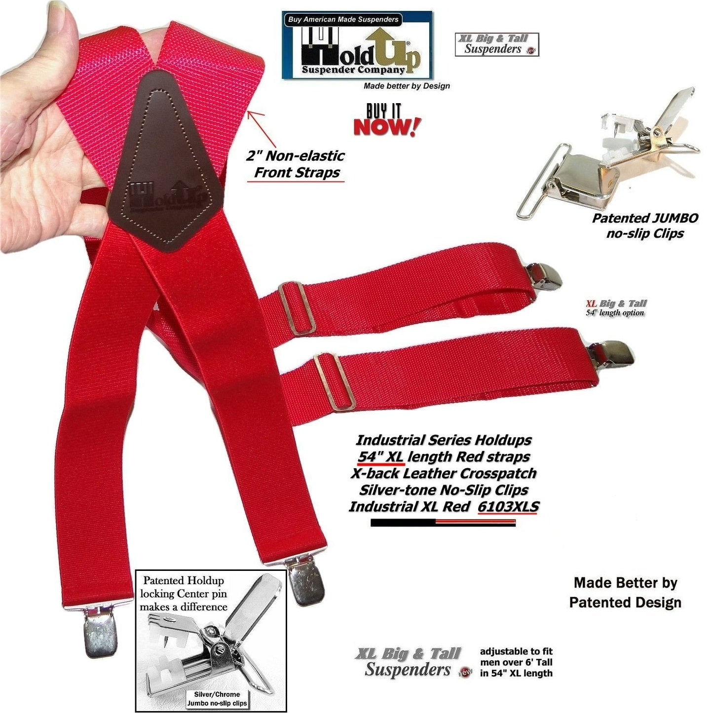 RED Industrial Series Heavy Duty X-back Suspenders with No-slip Jumbo Silver Clips