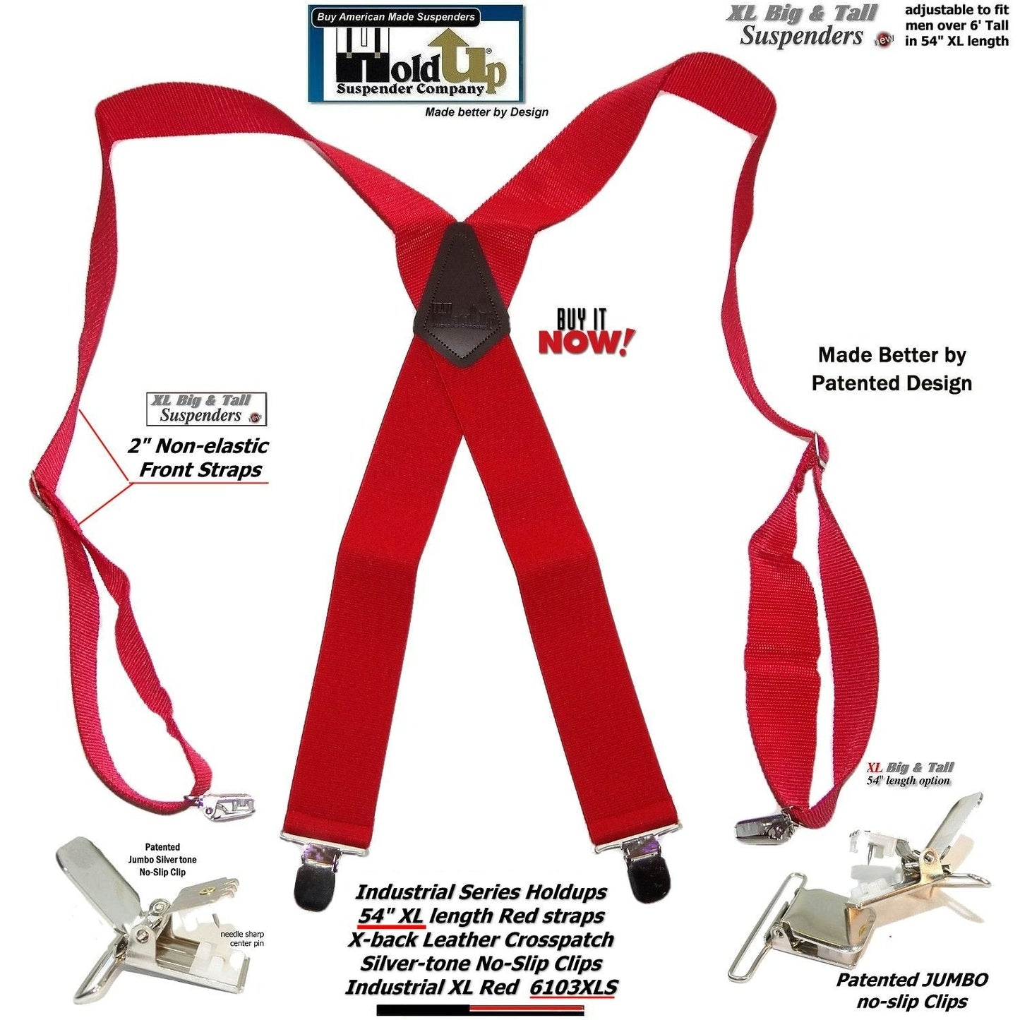 RED Industrial Series Heavy Duty X-back Suspenders with No-slip Jumbo Silver Clips