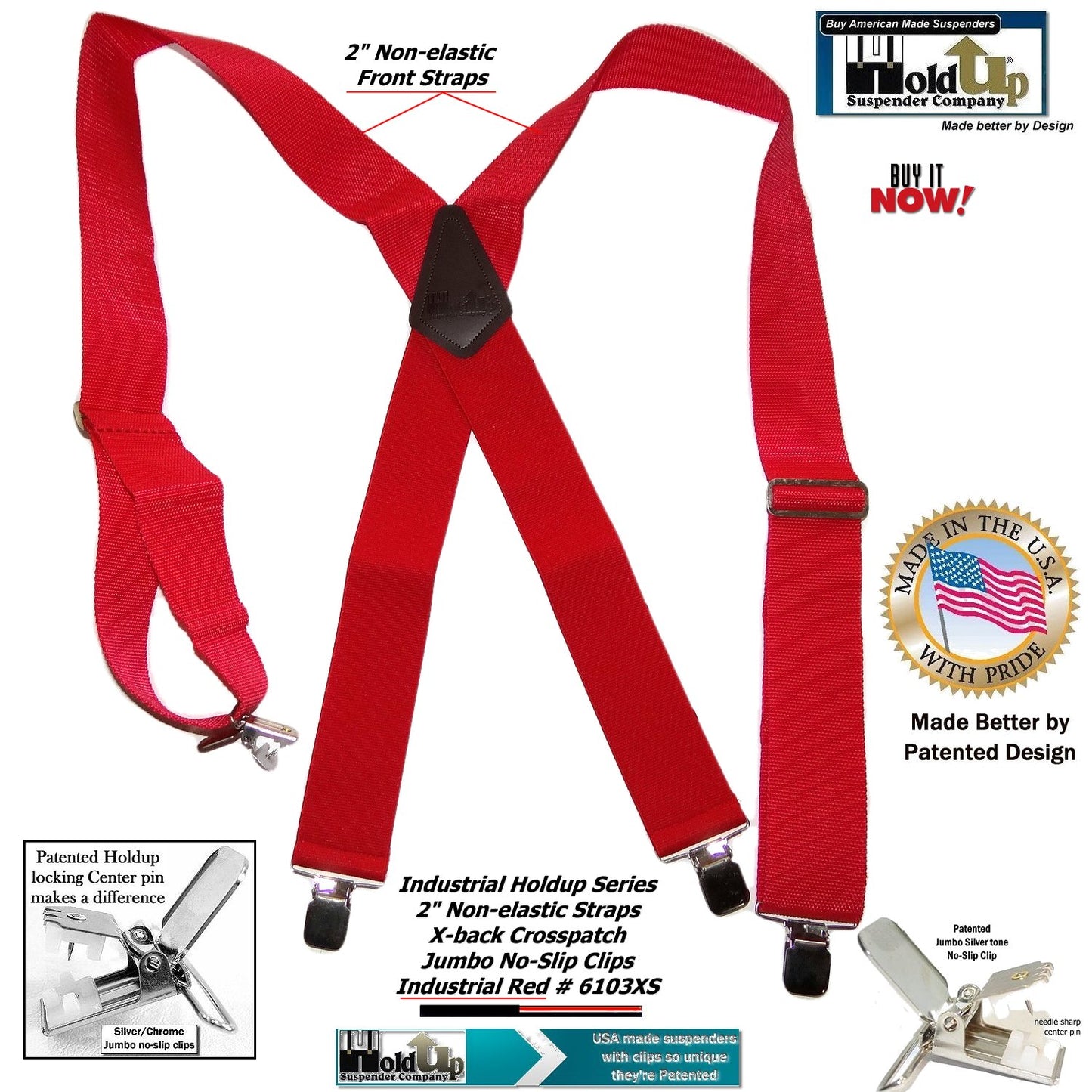 Red Industrial Series 2" Wide Holdup Work Suspenders with Jumbo Silver-tone No-slip clips